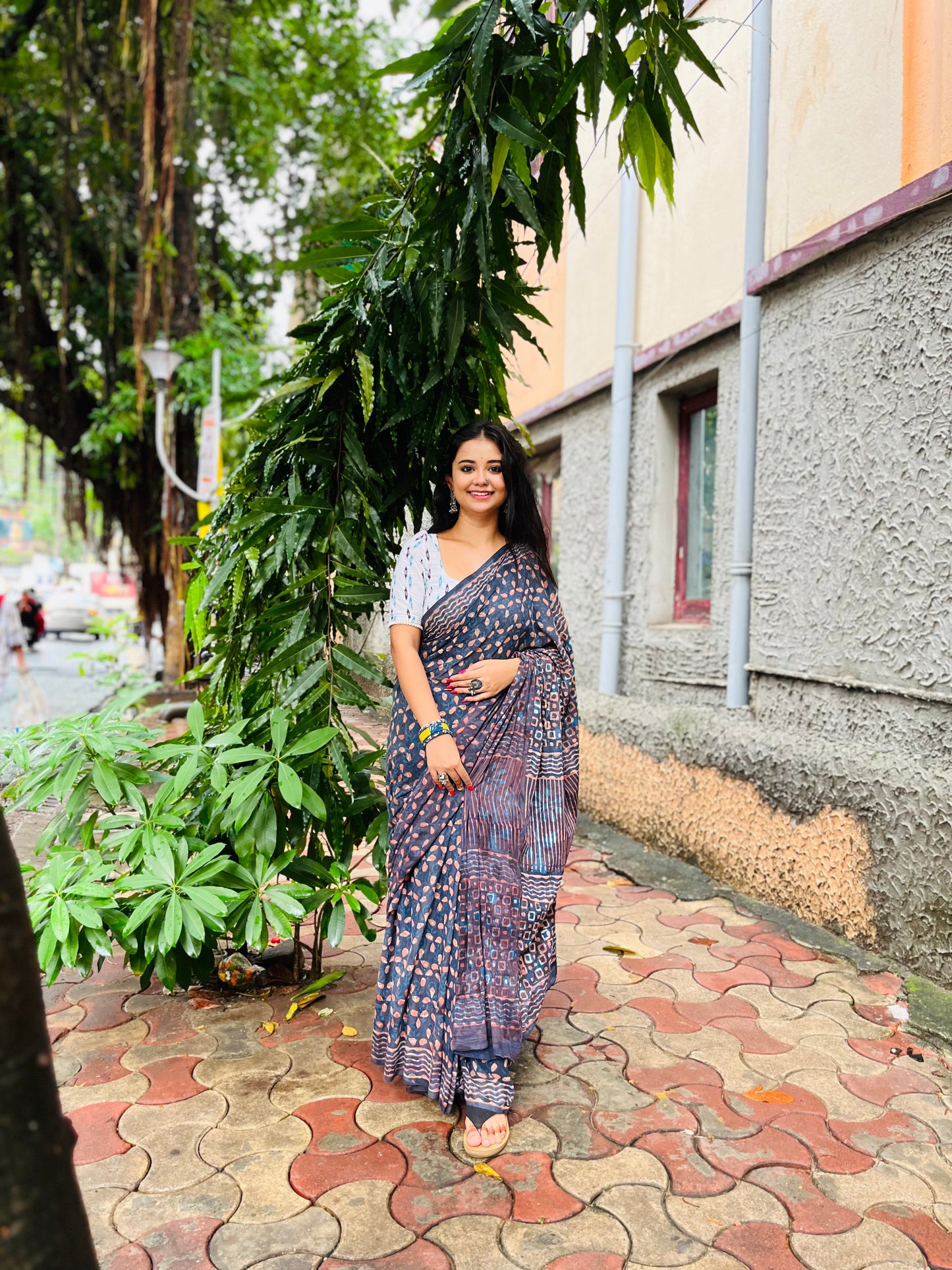 Dhalti Raat ( Stary Night In Dessert) - Blue Bagru Natural Dyes Handblock Printed - Cotton Mulmul Saree