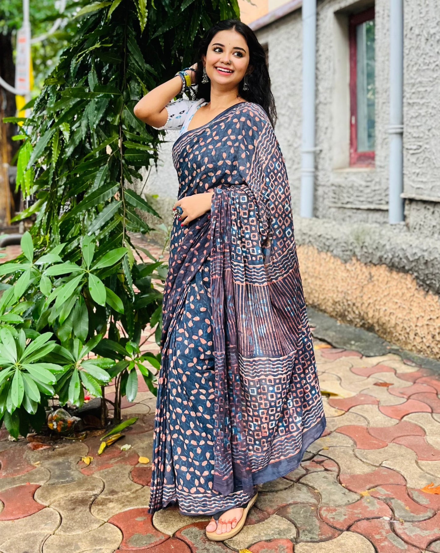 Dhalti Raat ( Stary Night In Dessert) - Blue Bagru Natural Dyes Handblock Printed - Cotton Mulmul Saree