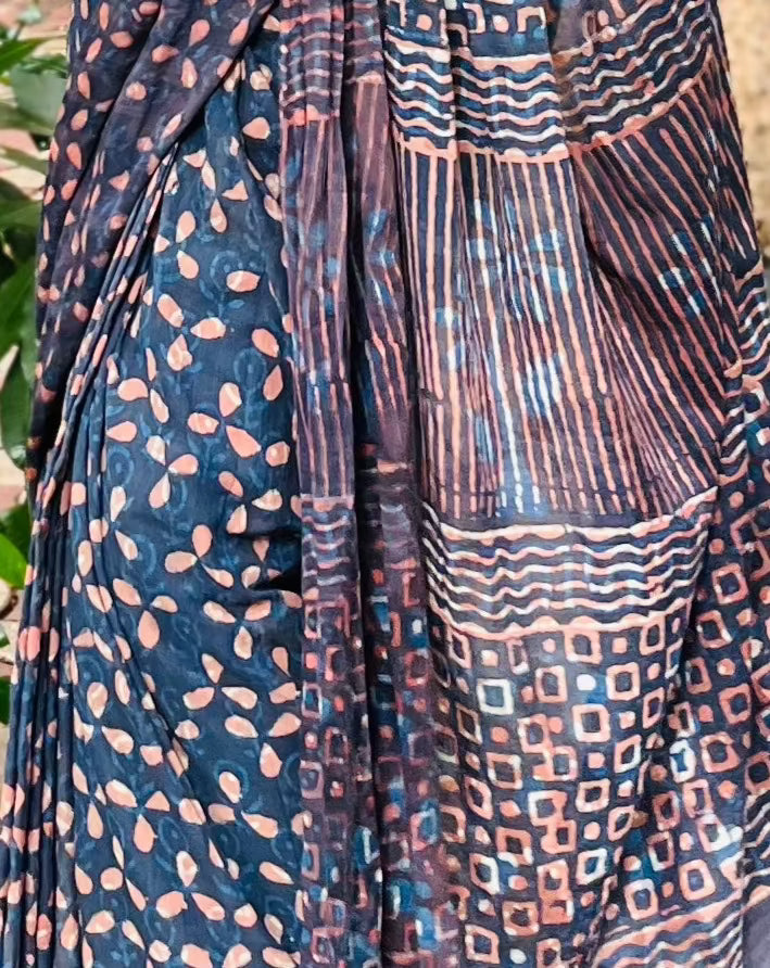 Dhalti Raat ( Stary Night In Dessert) - Blue Bagru Natural Dyes Handblock Printed - Cotton Mulmul Saree