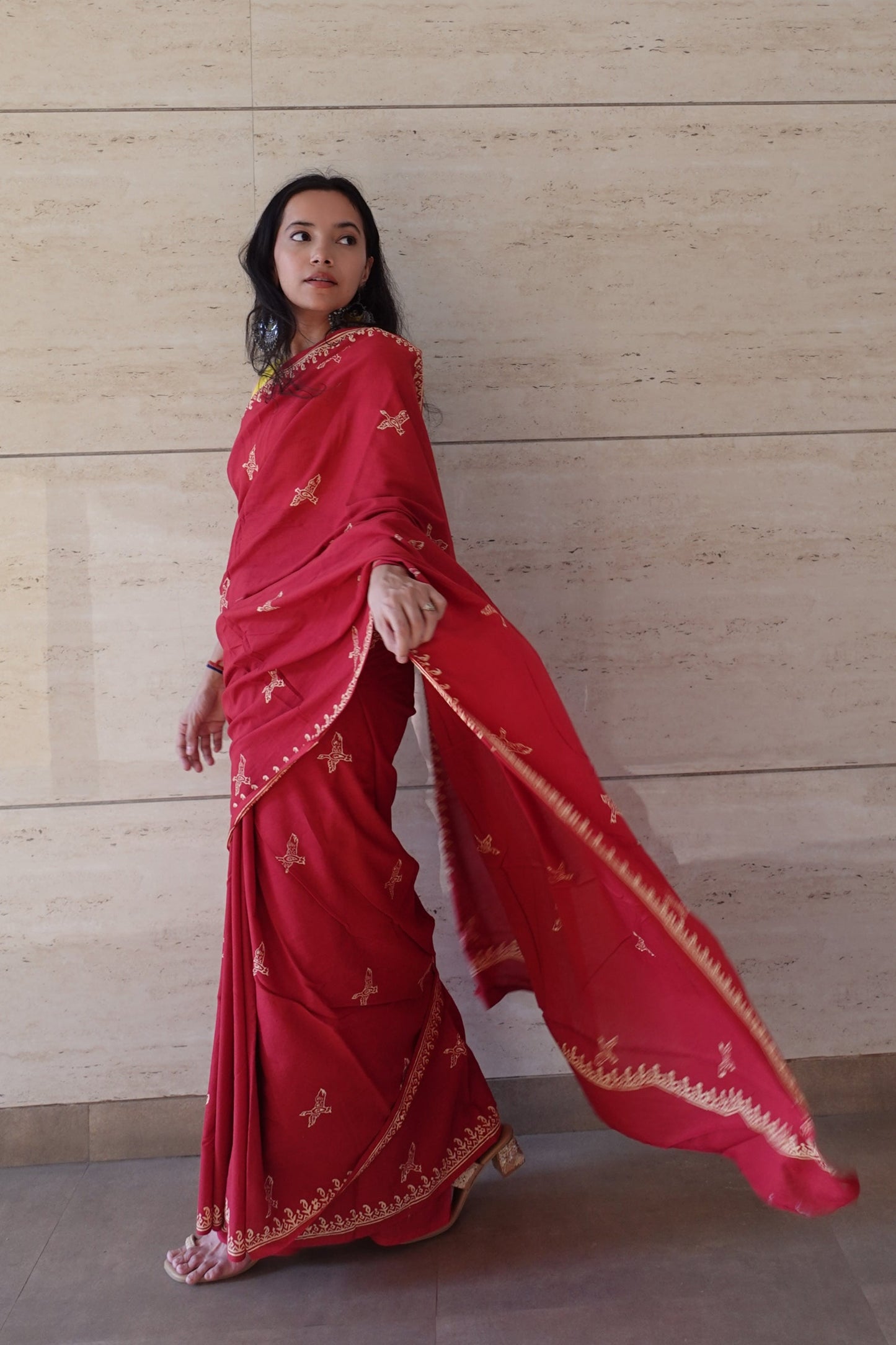 Free Sparrow - Red Handblock Print Natural Dyed - Red Mulmul Cotton Saree