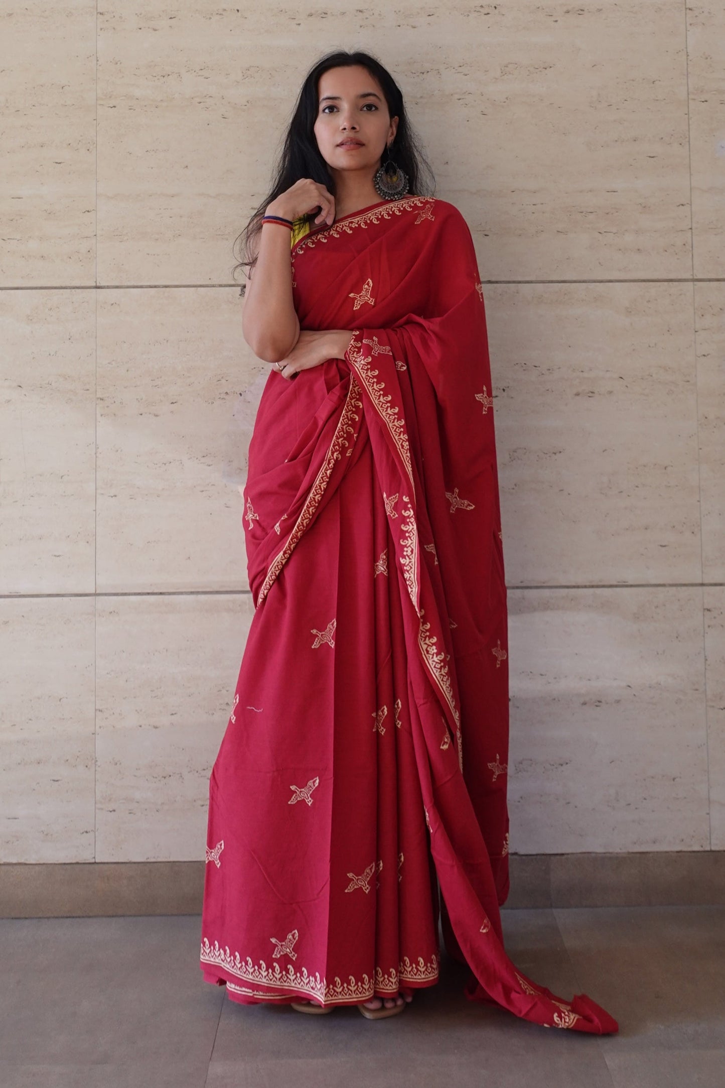 Free Sparrow - Red Handblock Print Natural Dyed - Red Mulmul Cotton Saree