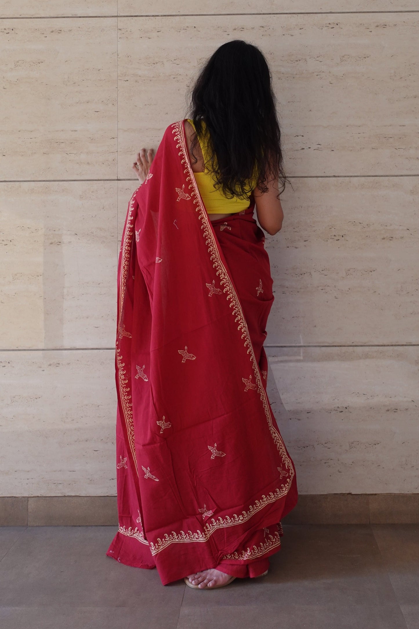Free Sparrow - Red Handblock Print Natural Dyed - Red Mulmul Cotton Saree