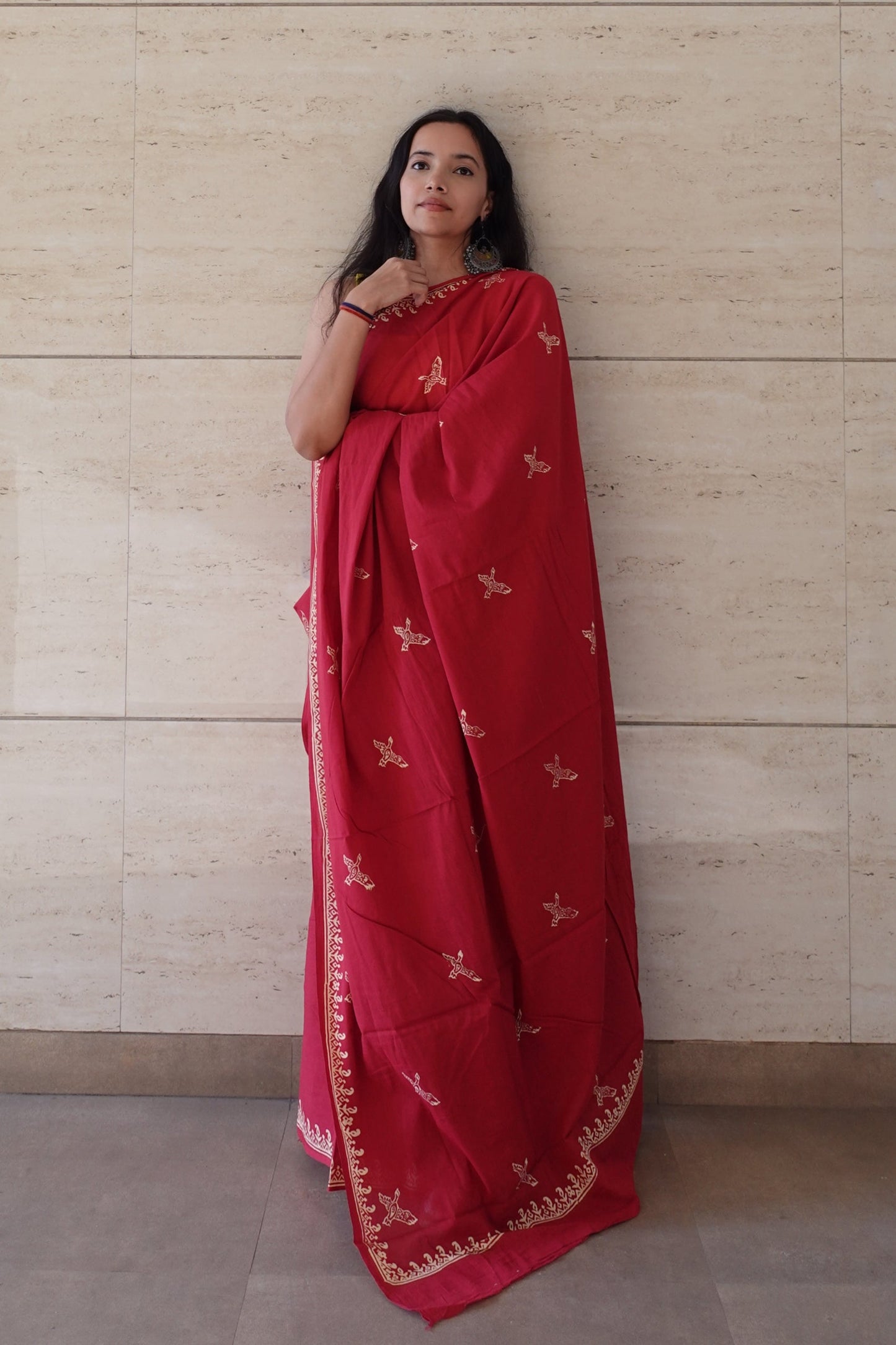 Free Sparrow - Red Handblock Print Natural Dyed - Red Mulmul Cotton Saree