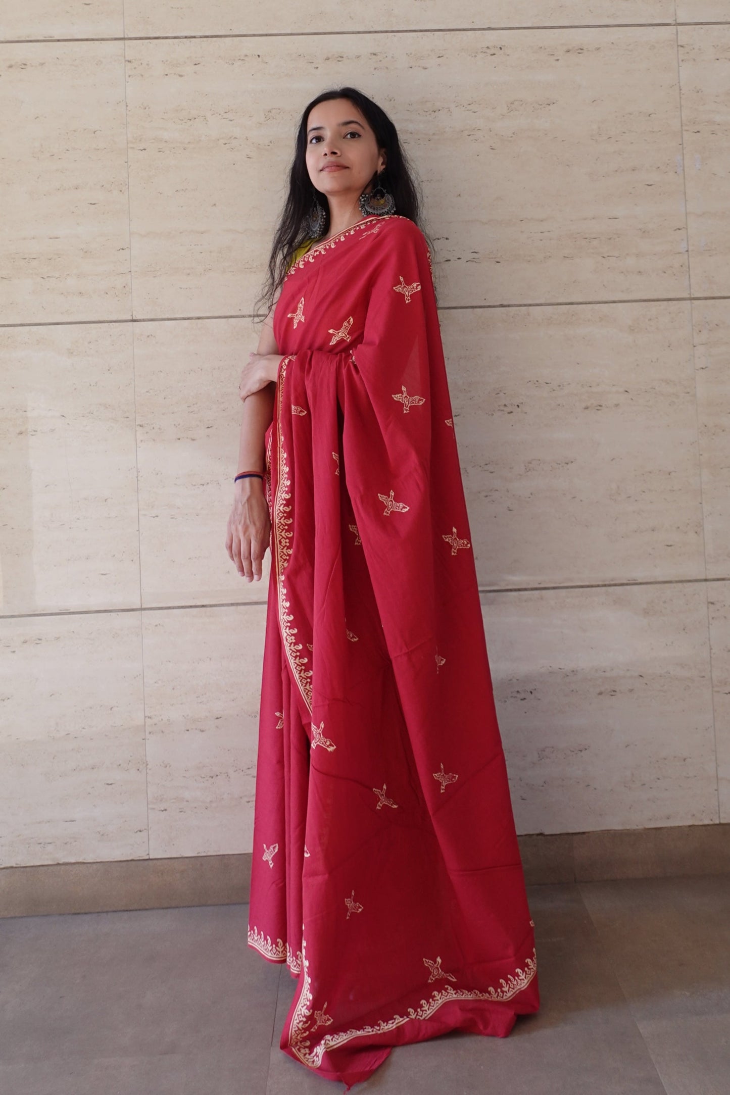 Free Sparrow - Red Handblock Print Natural Dyed - Red Mulmul Cotton Saree