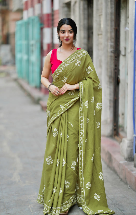 "Fragrance of Heena" - Green Handblock Print Natural Dyed - White Mulmul Cotton Saree