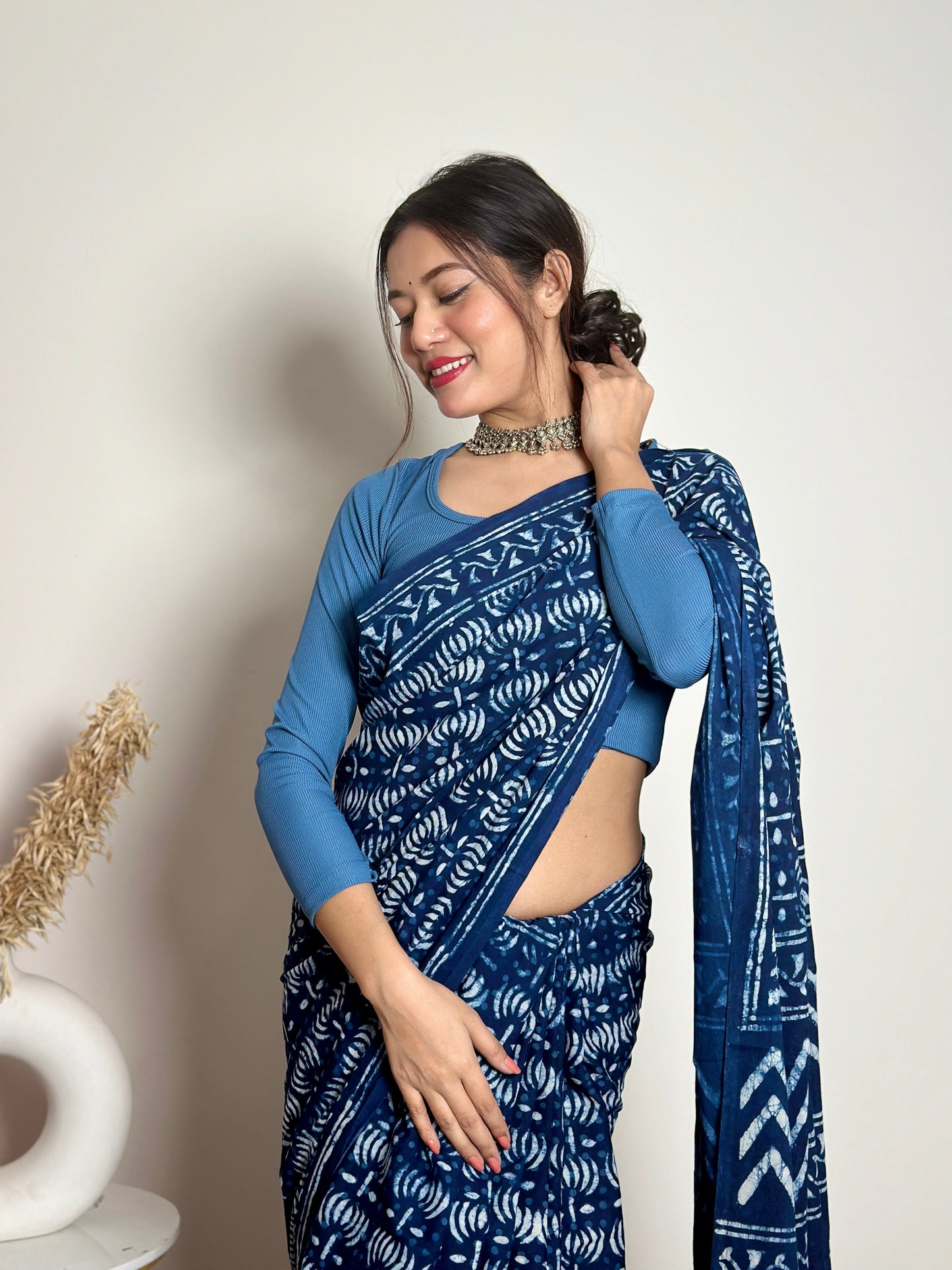 Indigo Lotus - Blue Handblock Dabu in Natural Dyes - Cotton Mulmul Saree