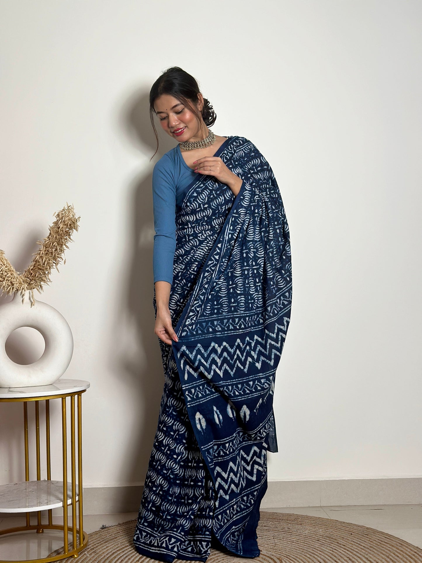 Indigo Lotus - Blue Handblock Dabu in Natural Dyes - Cotton Mulmul Saree