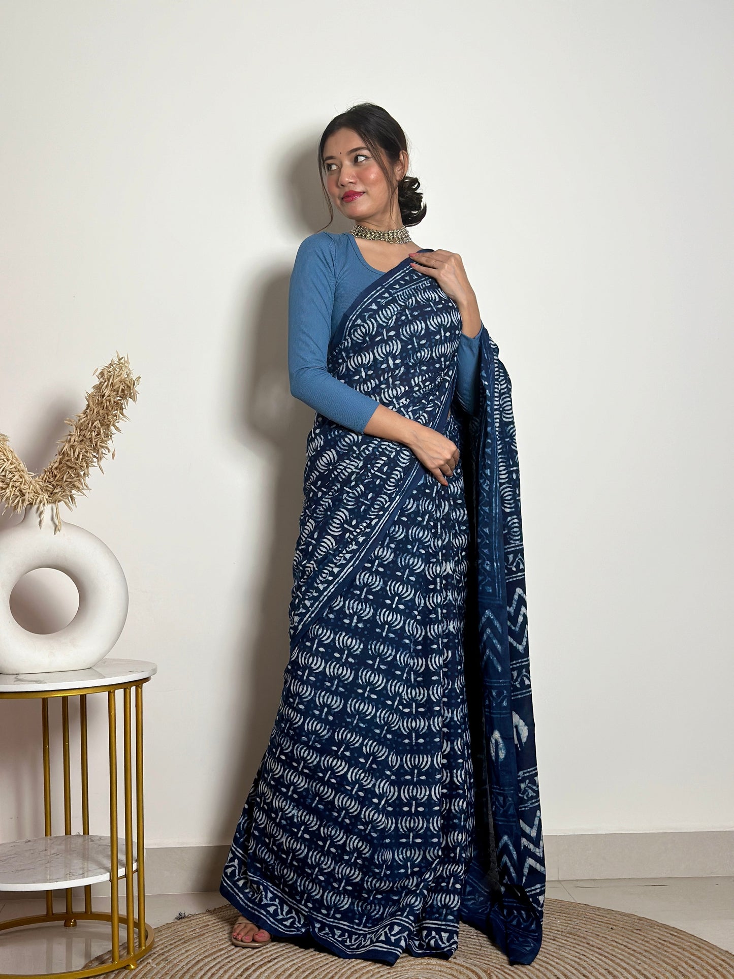 Indigo Lotus - Blue Handblock Dabu in Natural Dyes - Cotton Mulmul Saree