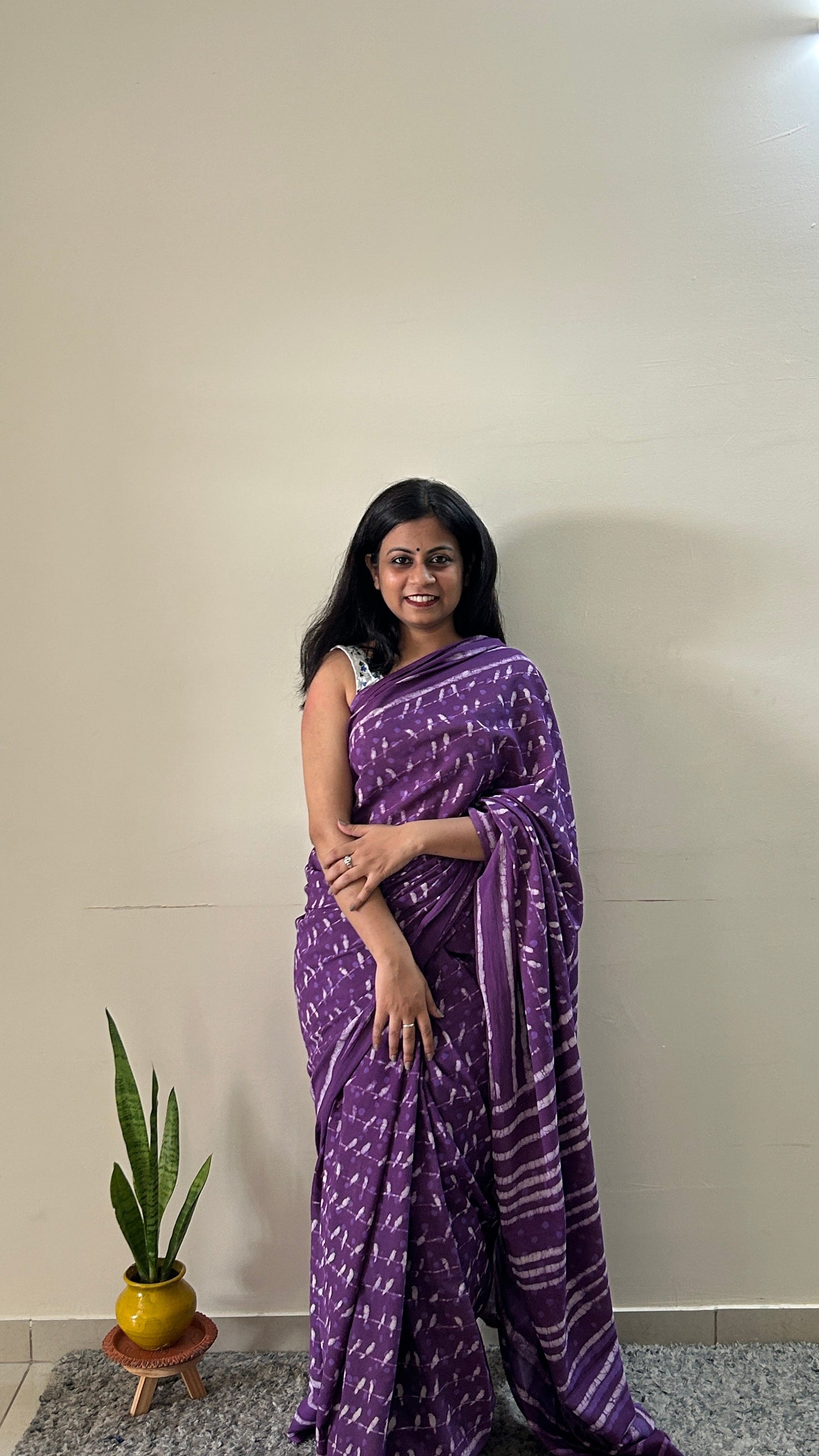 Sonchoraiya Violet - Purple Cotton Mulmul - Handblock Dabu Saree