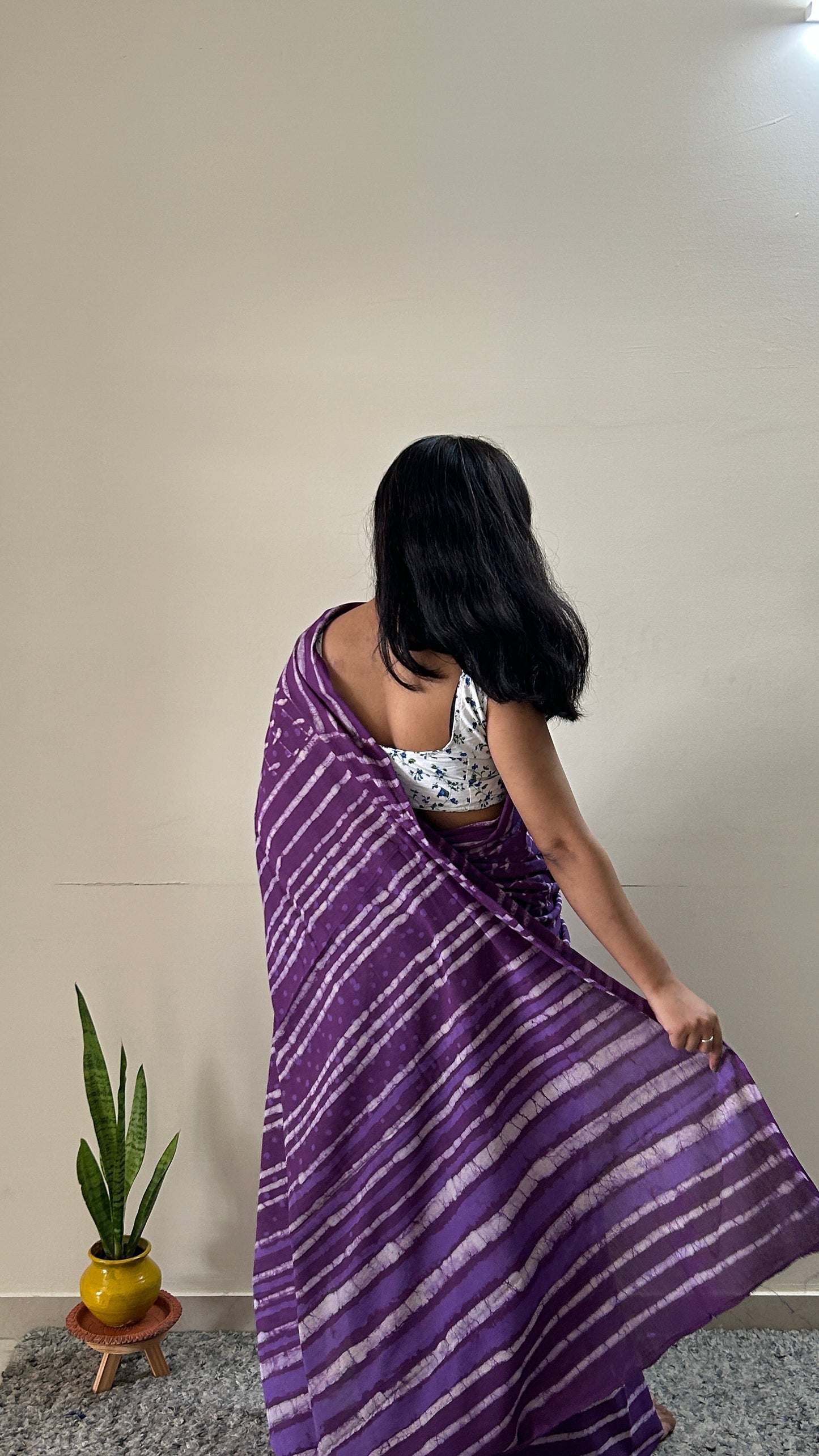 Sonchoraiya Violet - Purple Cotton Mulmul - Handblock Dabu Saree