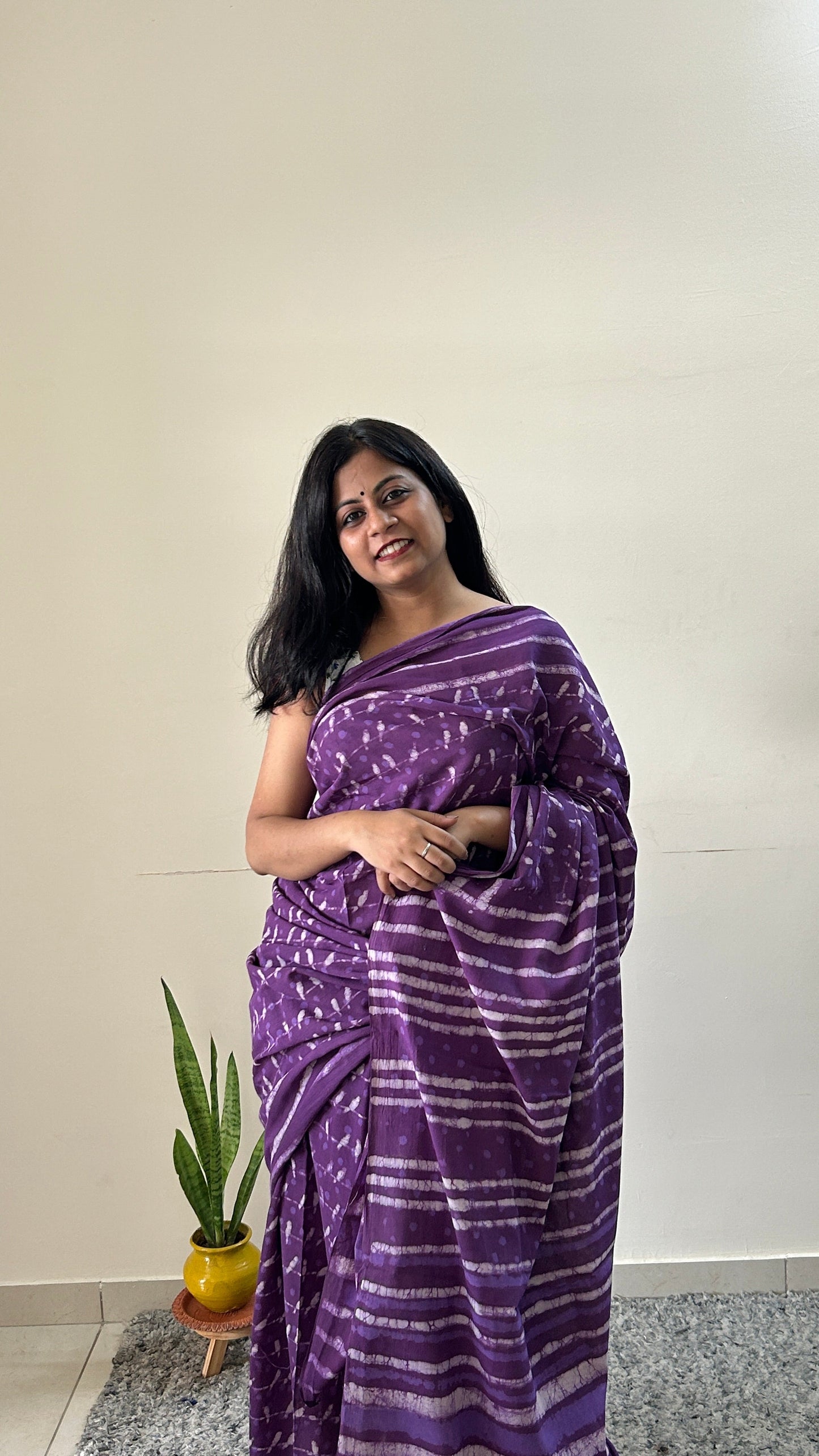 Sonchoraiya Violet - Purple Cotton Mulmul - Handblock Dabu Saree