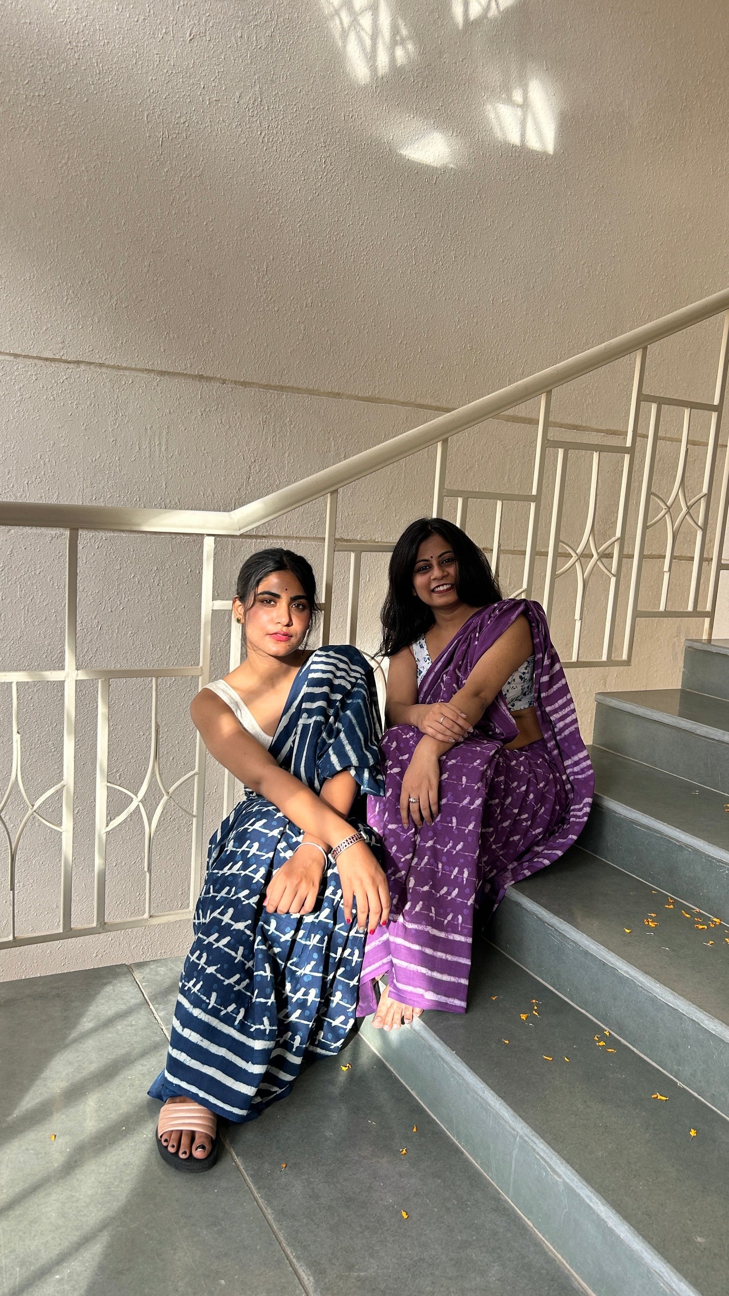 Sonchoraiya Violet - Purple Cotton Mulmul - Handblock Dabu Saree