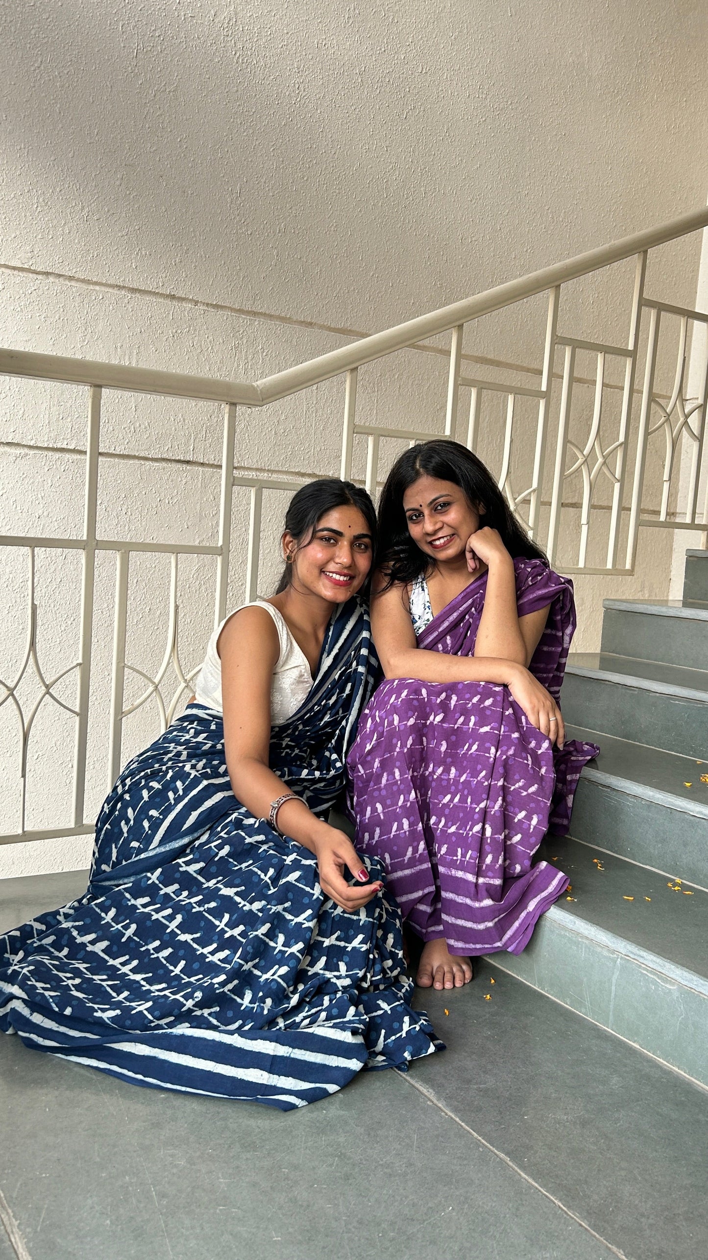 Sonchoraiya Indigo - Blue Cotton Mulmul - Handblock Dabu Saree