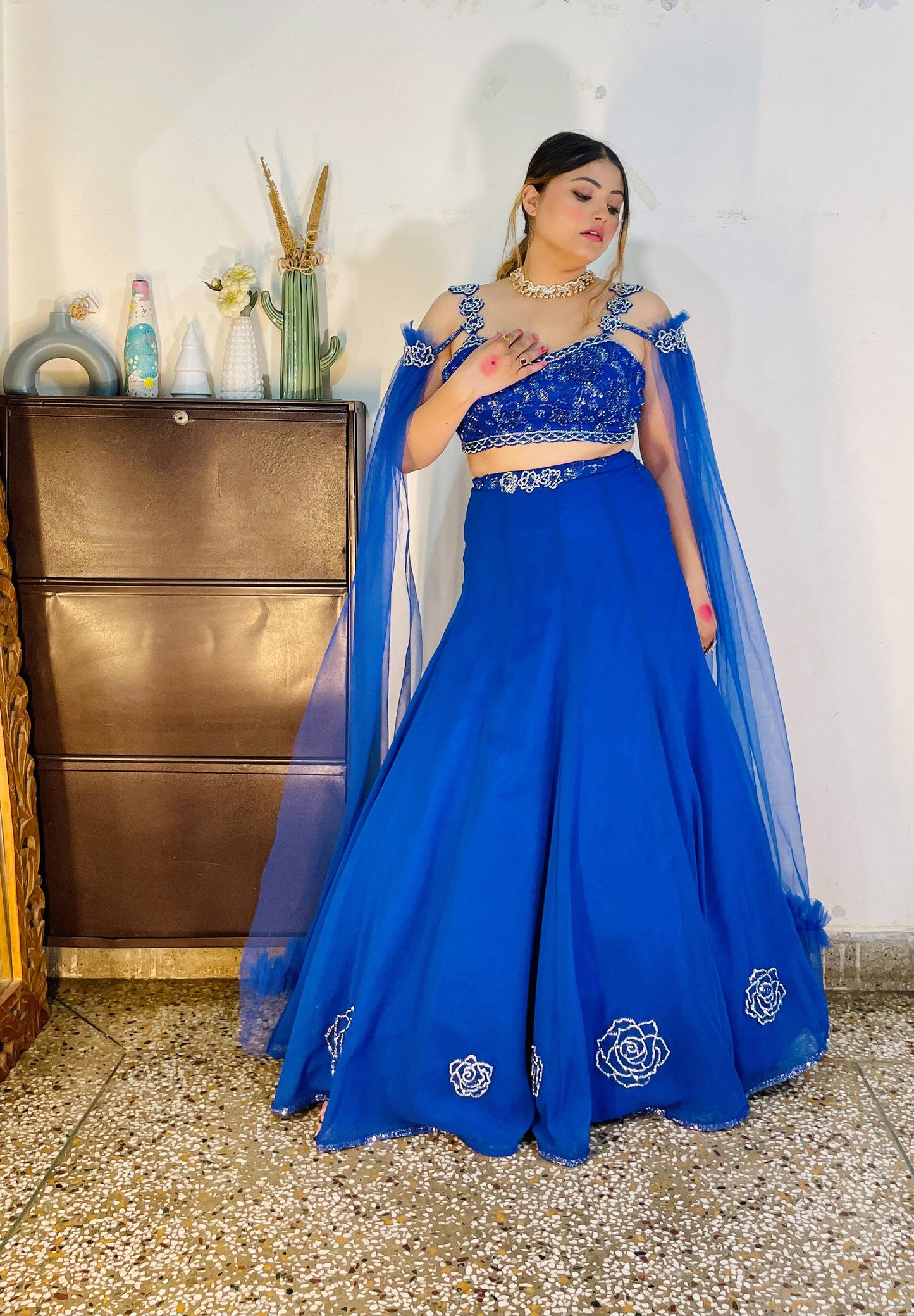 Blue Georgette hand embroidered Cocktail lehenga