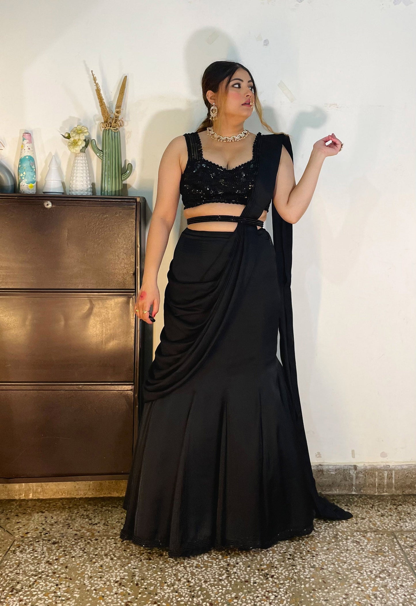 Black French Satin hand embroidered Cocktail Lehenga