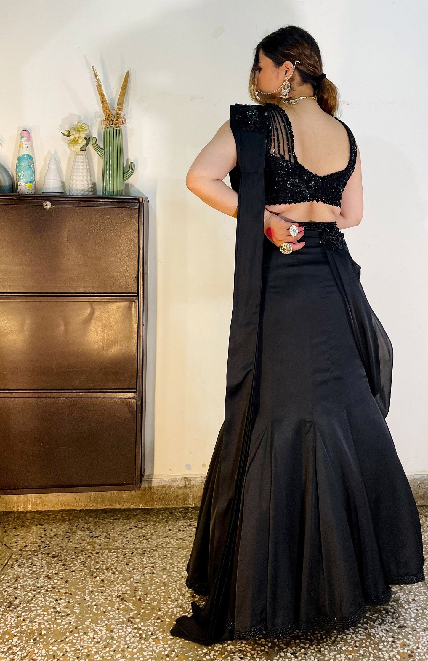 Black French Satin hand embroidered Cocktail Lehenga