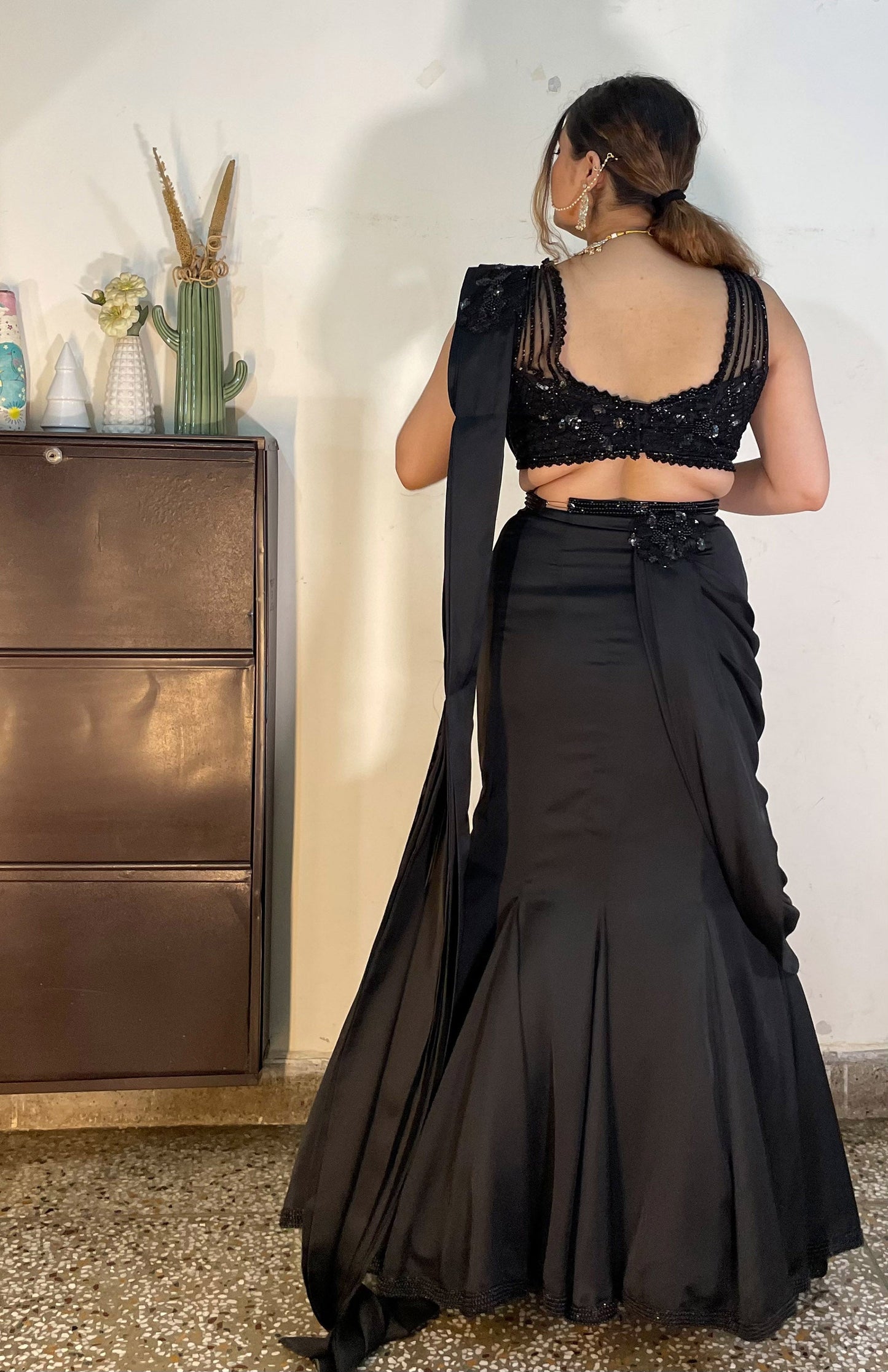 Black French Satin hand embroidered Cocktail Lehenga