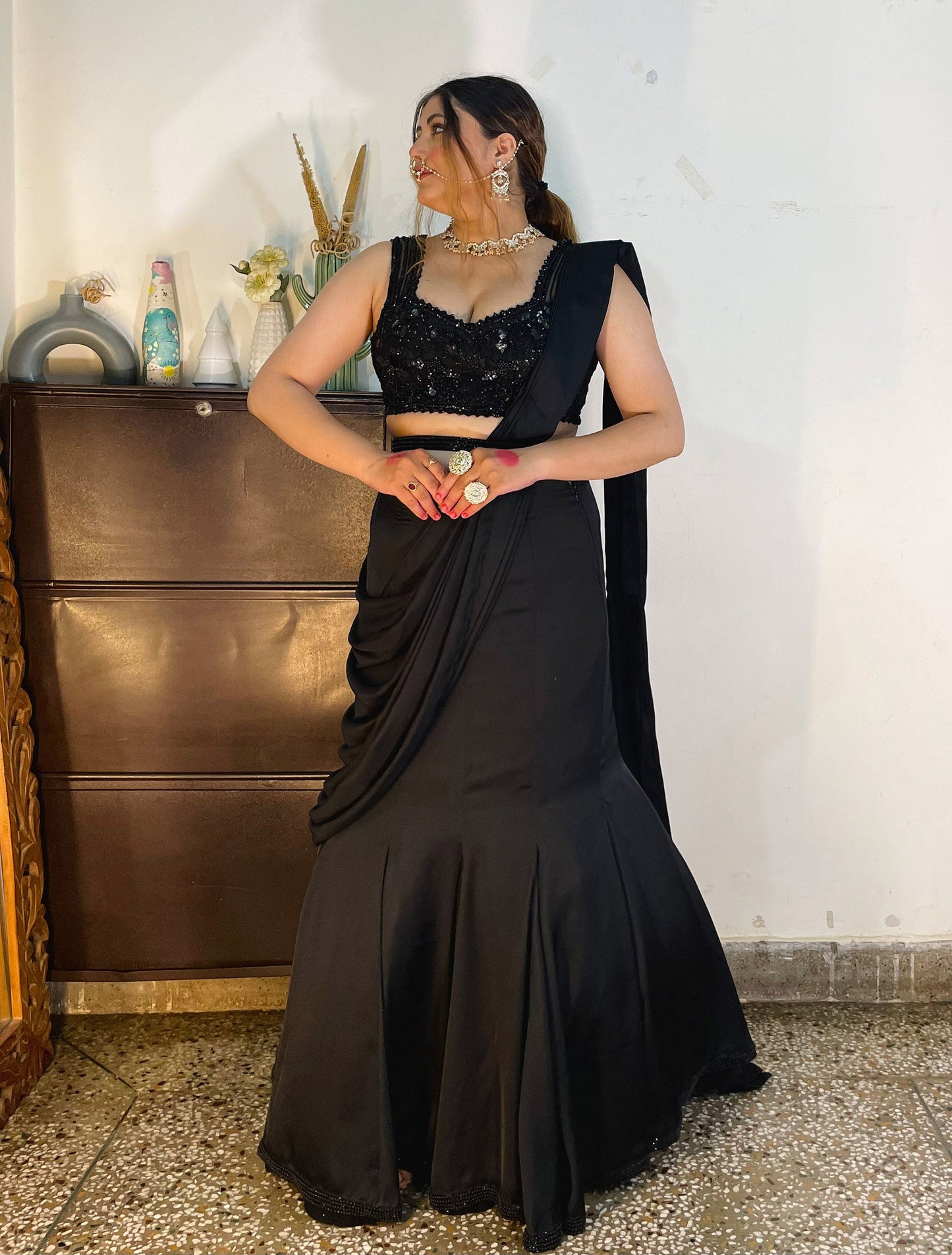Black French Satin hand embroidered Cocktail Lehenga
