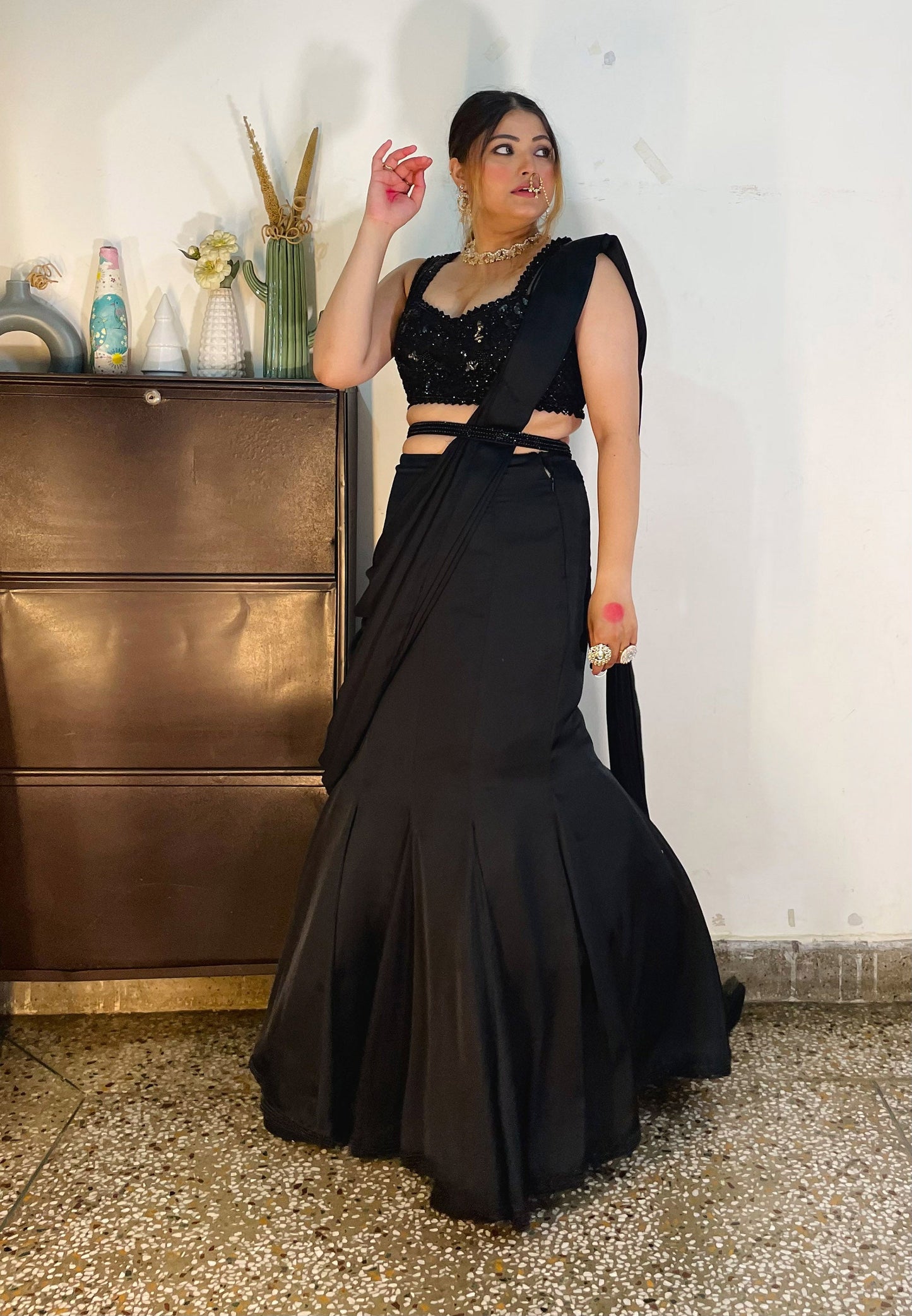 Black French Satin hand embroidered Cocktail Lehenga