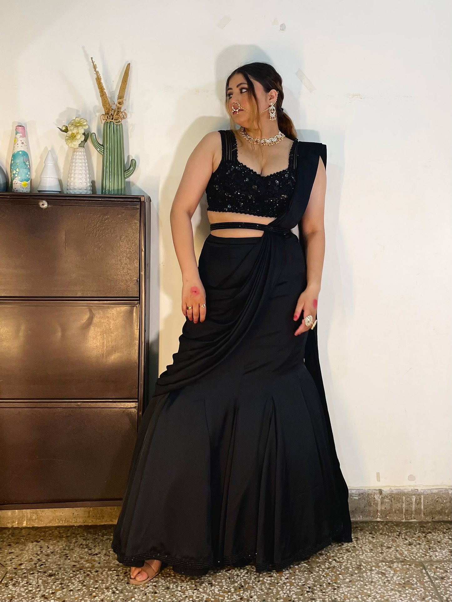 Black French Satin hand embroidered Cocktail Lehenga
