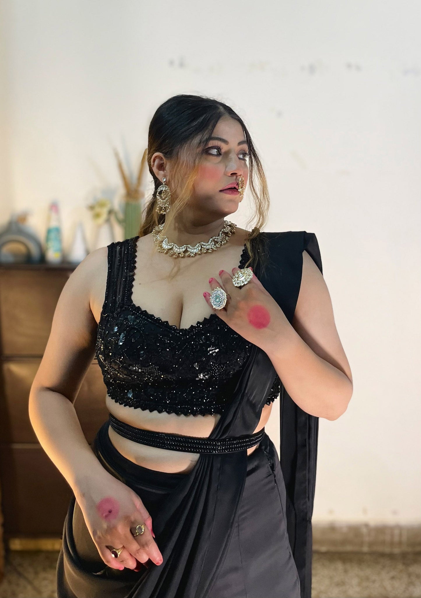 Black French Satin hand embroidered Cocktail Lehenga