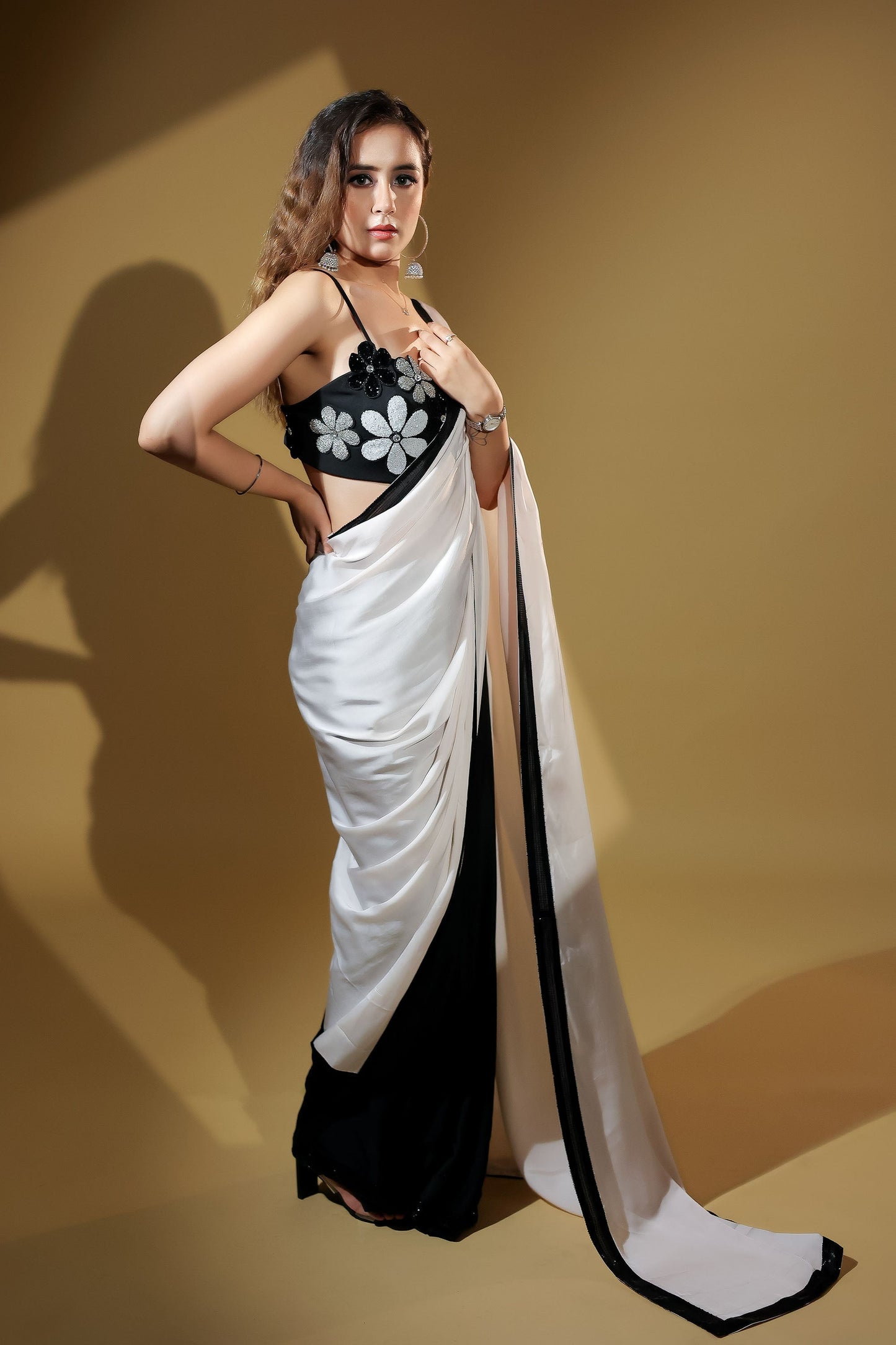 Stunning Black and White Saree With Embellished Stitched Blouse