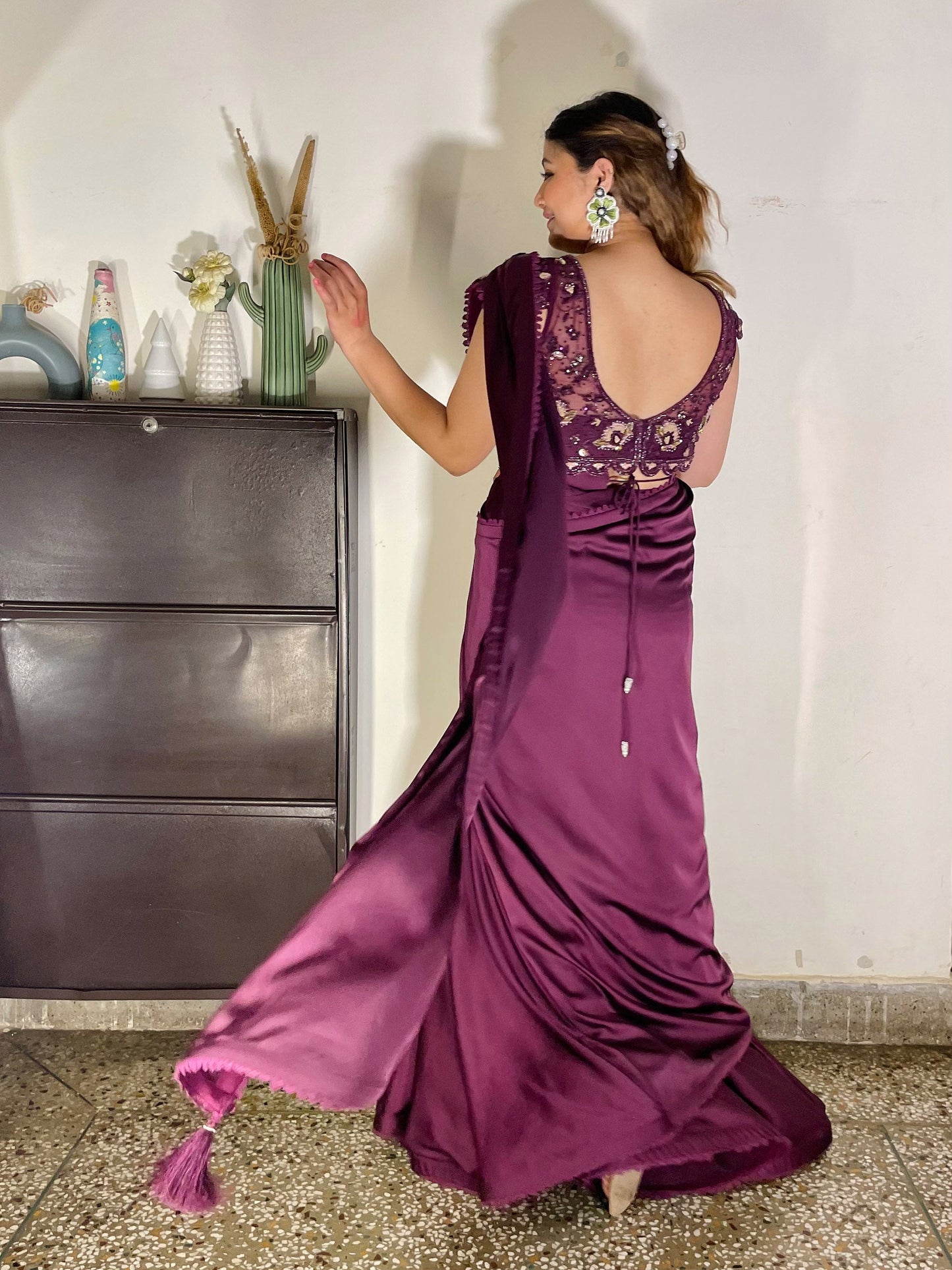 Wine French Satin hand embroidered Cocktail Lehenga saree