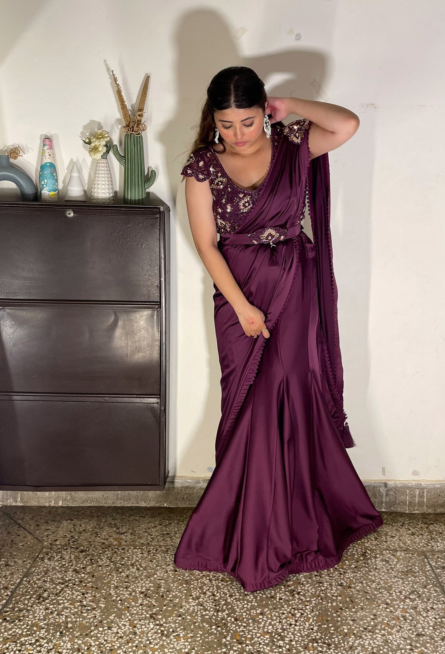 Wine French Satin hand embroidered Cocktail Lehenga saree