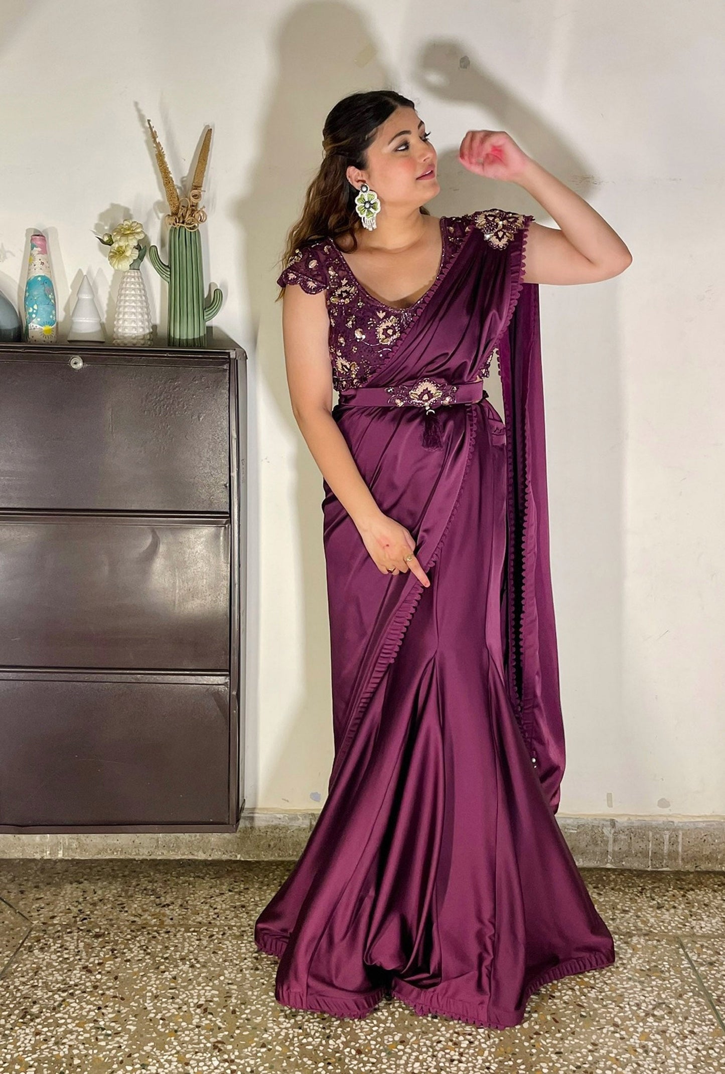 Wine French Satin hand embroidered Cocktail Lehenga saree