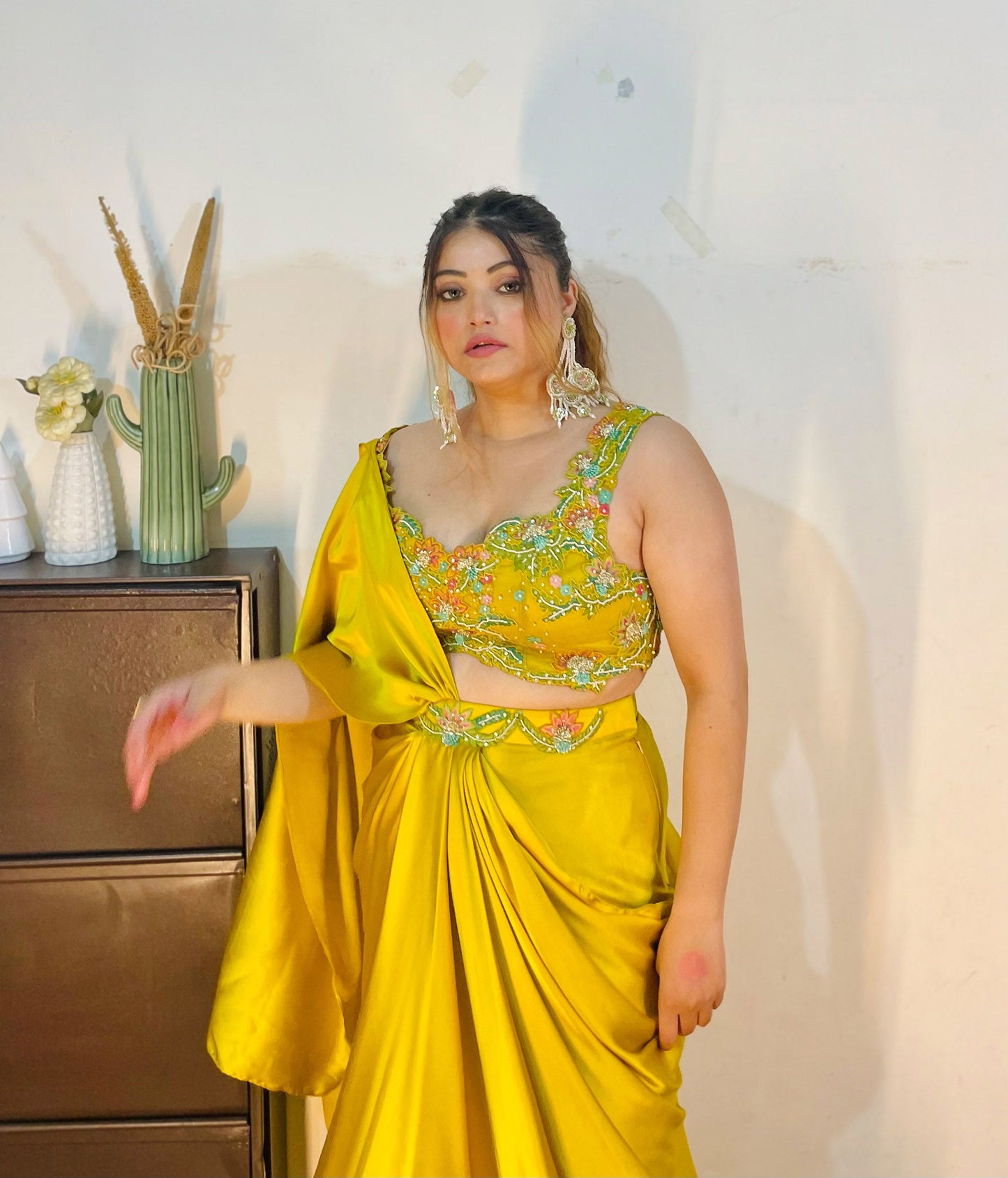 Yellow Satin Haldi Drape Dhoti
