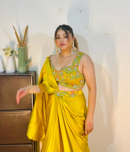Yellow Satin Haldi Drape Dhoti