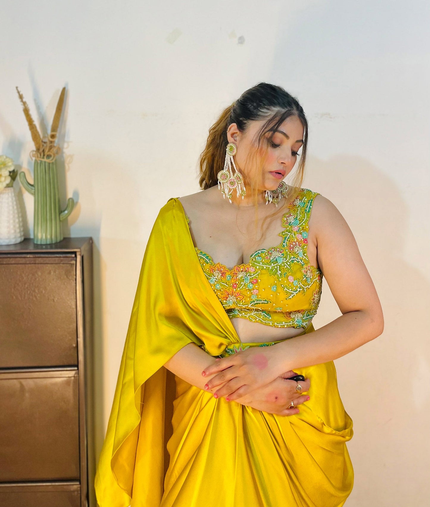 Yellow Satin Haldi Drape Dhoti
