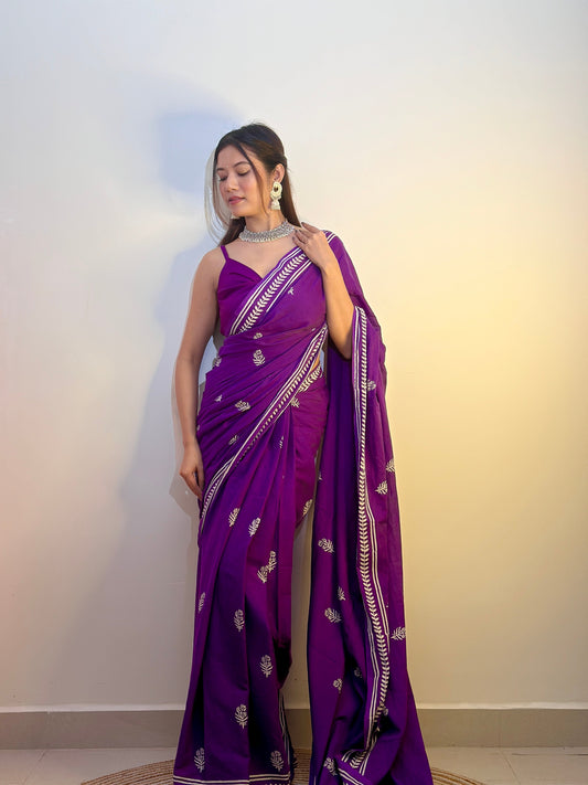 Party Purple - Handblock Print Natural Dyed - Mulmul Cotton Saree