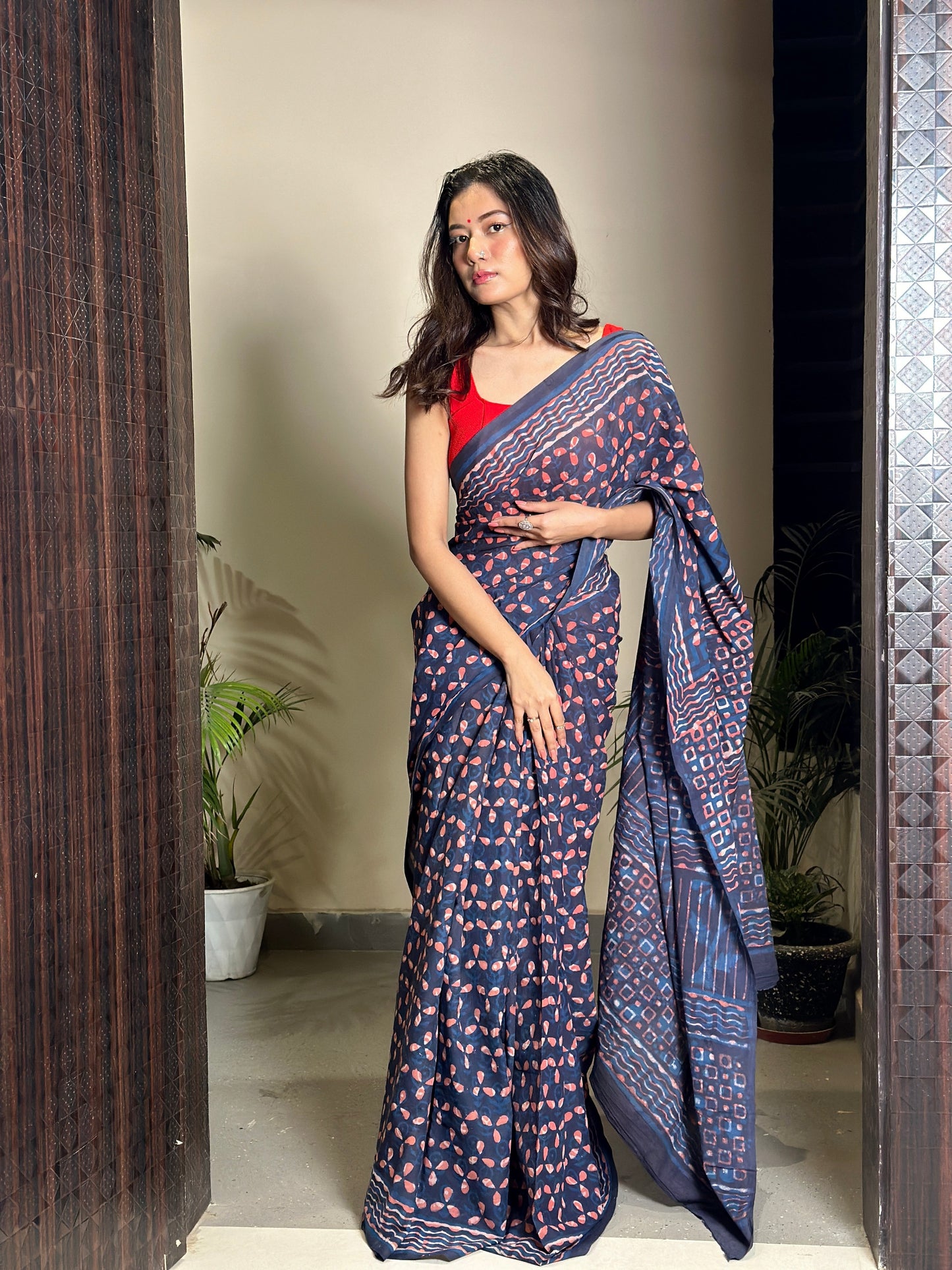 Dhalti Raat ( Stary Night In Dessert) - Blue Bagru Natural Dyes Handblock Printed - Cotton Mulmul Saree