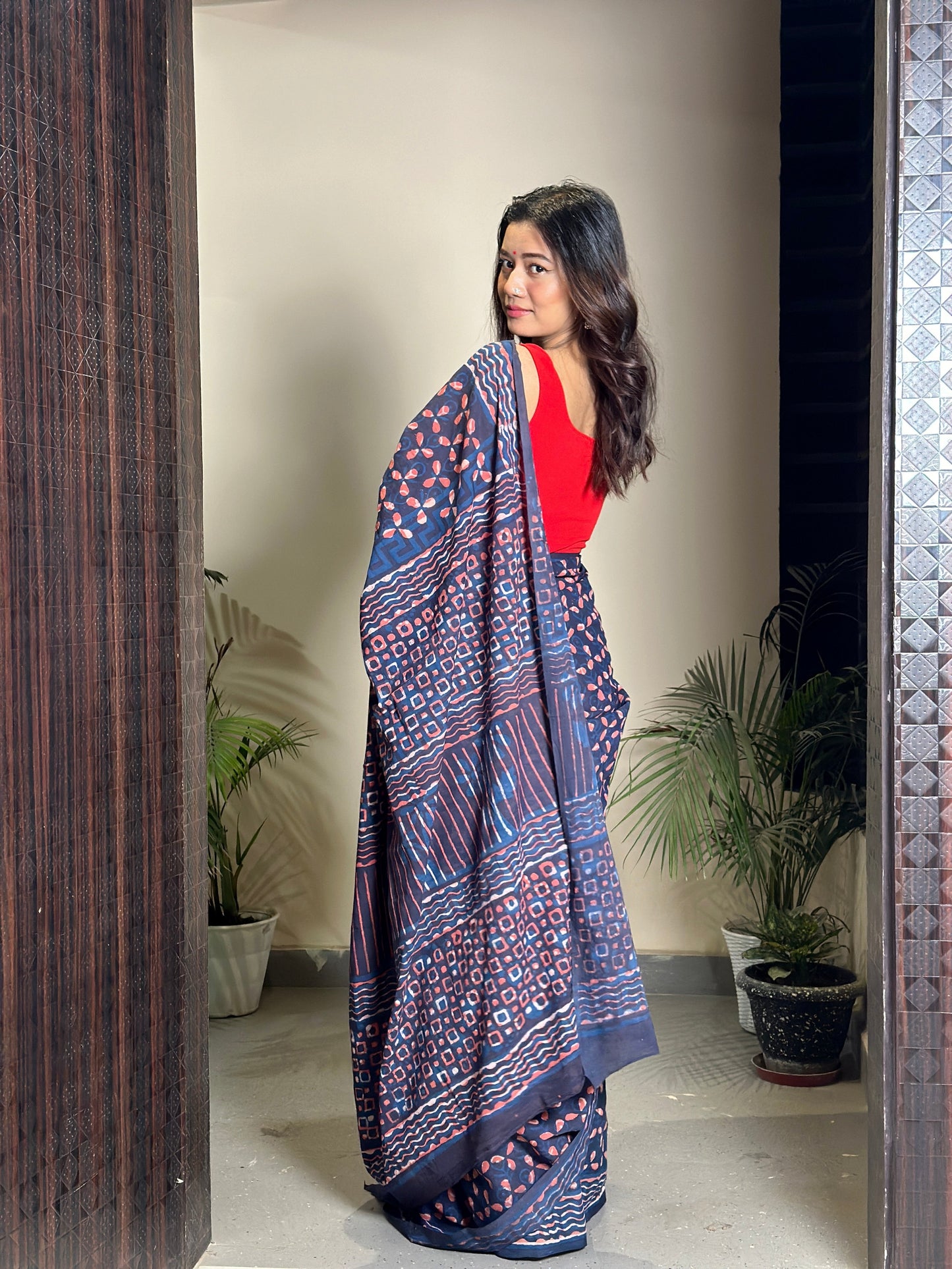 Dhalti Raat ( Stary Night In Dessert) - Blue Bagru Natural Dyes Handblock Printed - Cotton Mulmul Saree