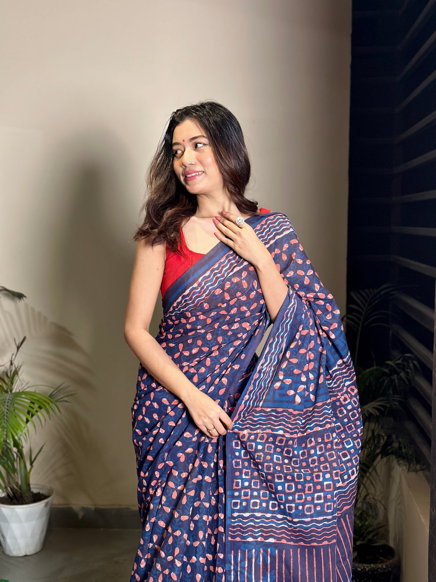 Dhalti Raat ( Stary Night In Dessert) - Blue Bagru Natural Dyes Handblock Printed - Cotton Mulmul Saree