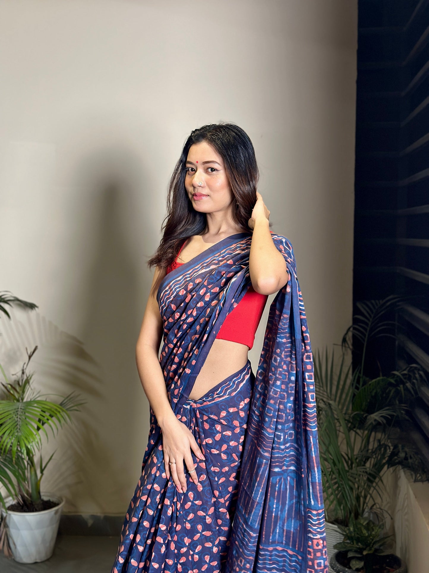 Dhalti Raat ( Stary Night In Dessert) - Blue Bagru Natural Dyes Handblock Printed - Cotton Mulmul Saree
