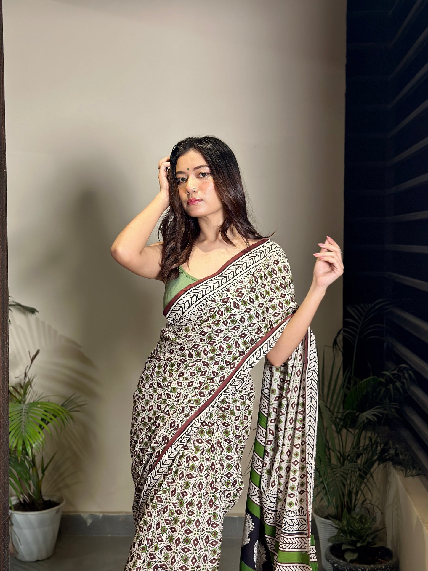 Mandana- green Bagru Natural Dyes Handblock Printed - Cotton Mulmul Saree