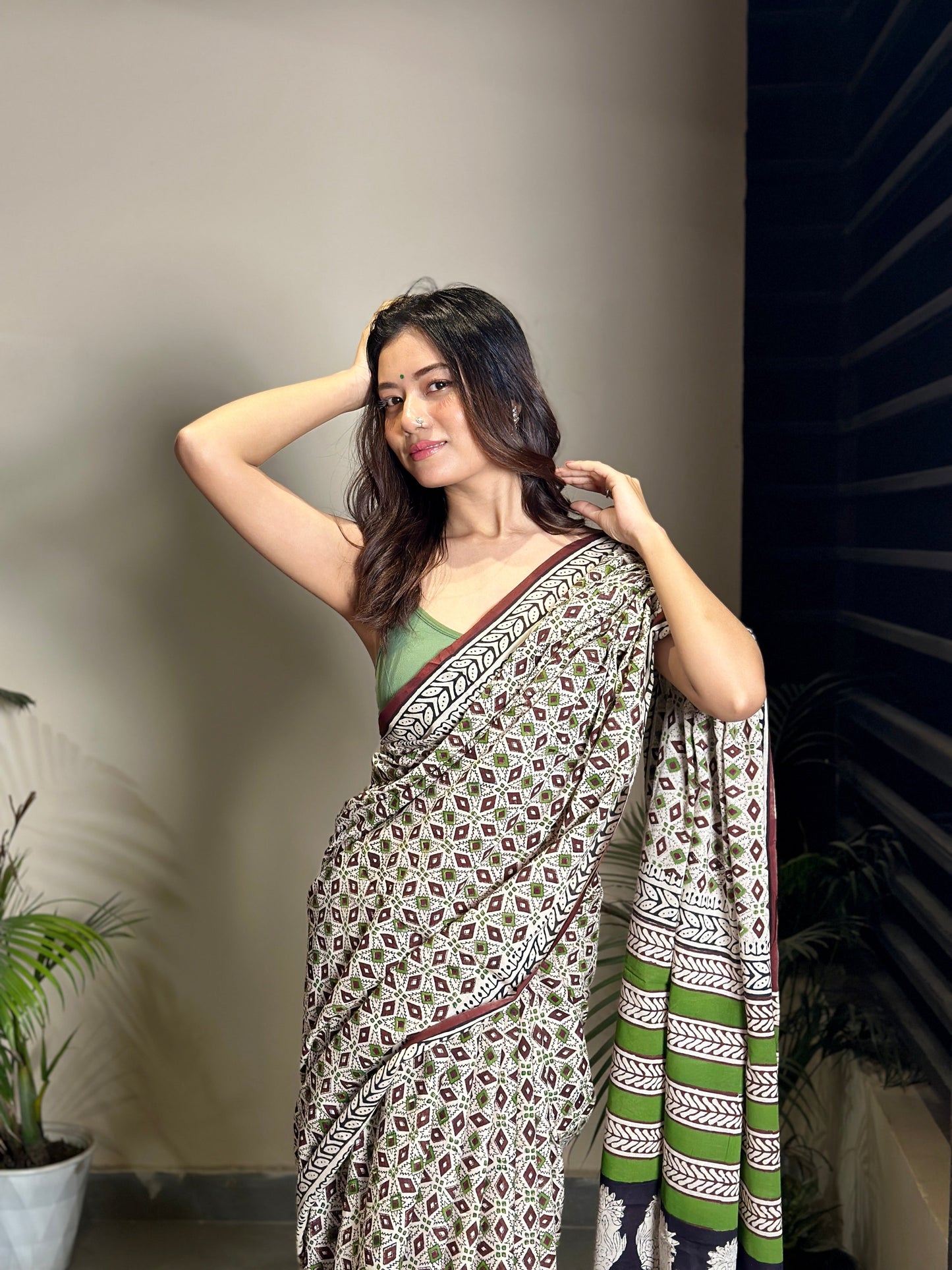 Mandana- green Bagru Natural Dyes Handblock Printed - Cotton Mulmul Saree