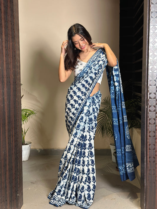 Inspired by Clouds - Indigo Collection - Blue Cotton Mulmul Dabu Saree