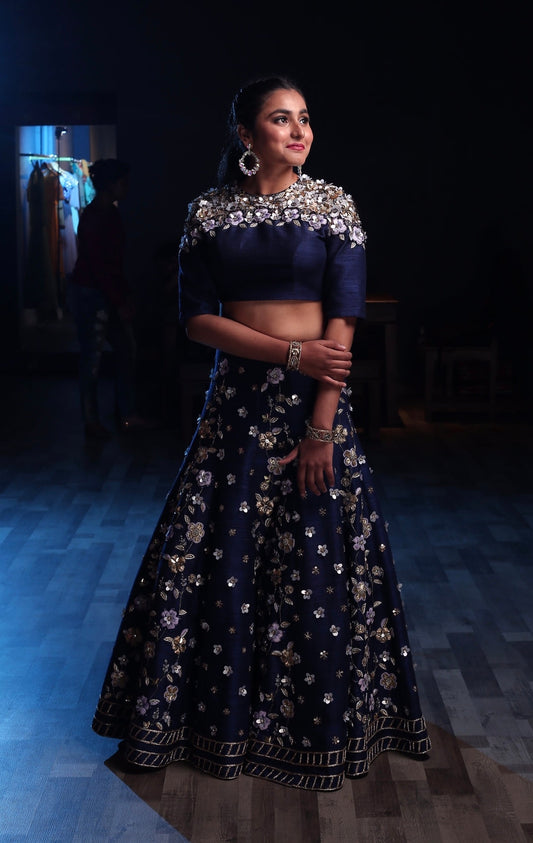 Navy Blue Raw Silk 3D flower Hand Embroidery Lehenga