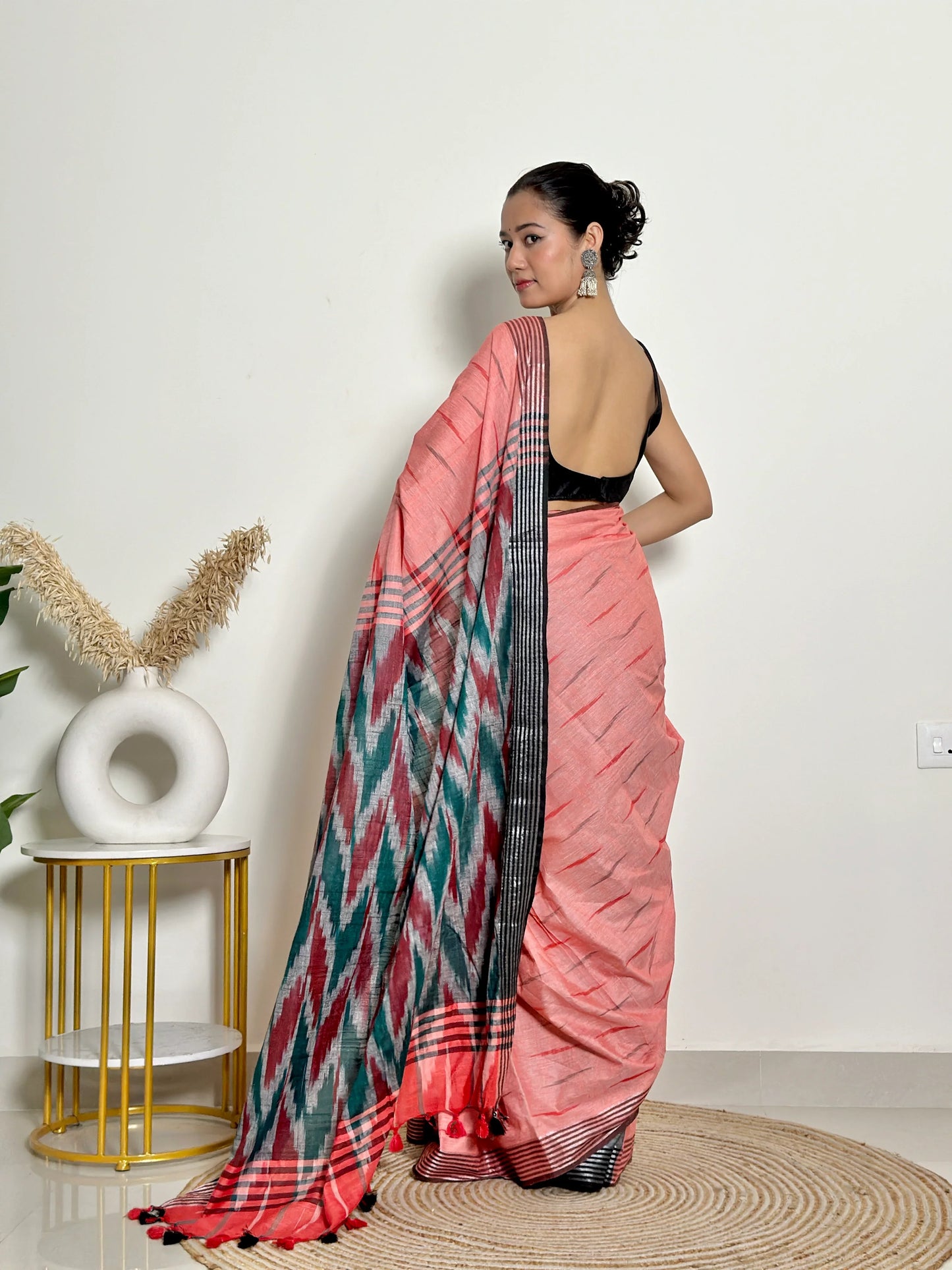 Coral And Grey Ikat Natural Dyed - HandCrafted - Soft Linen Saree