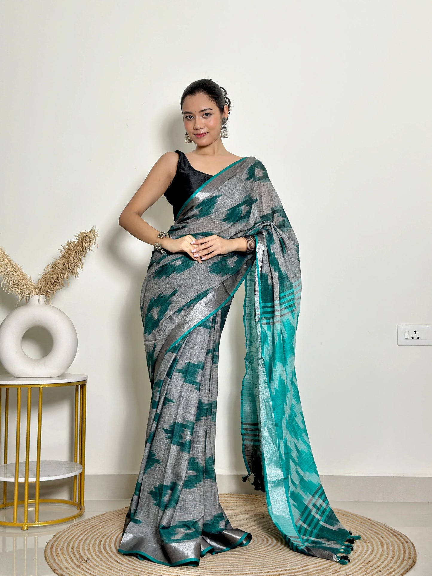 Grey And Turquoise Ikat Natural Dyed - HandCrafted - Soft Linen Saree