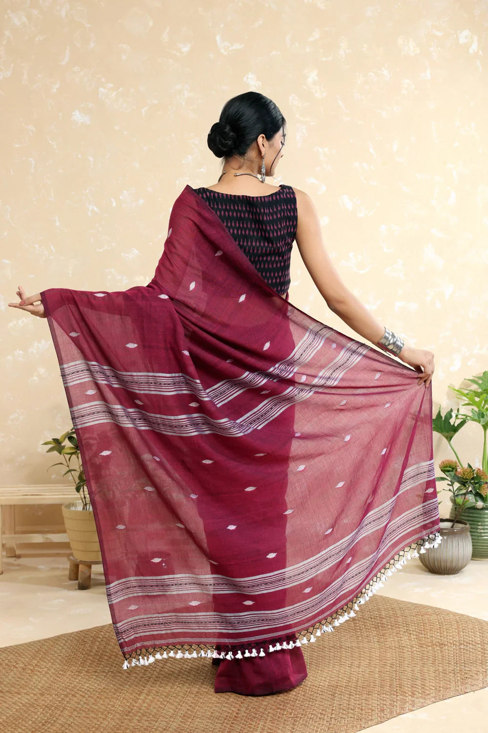 Handloom Wine Mulmul Saree with Tassels