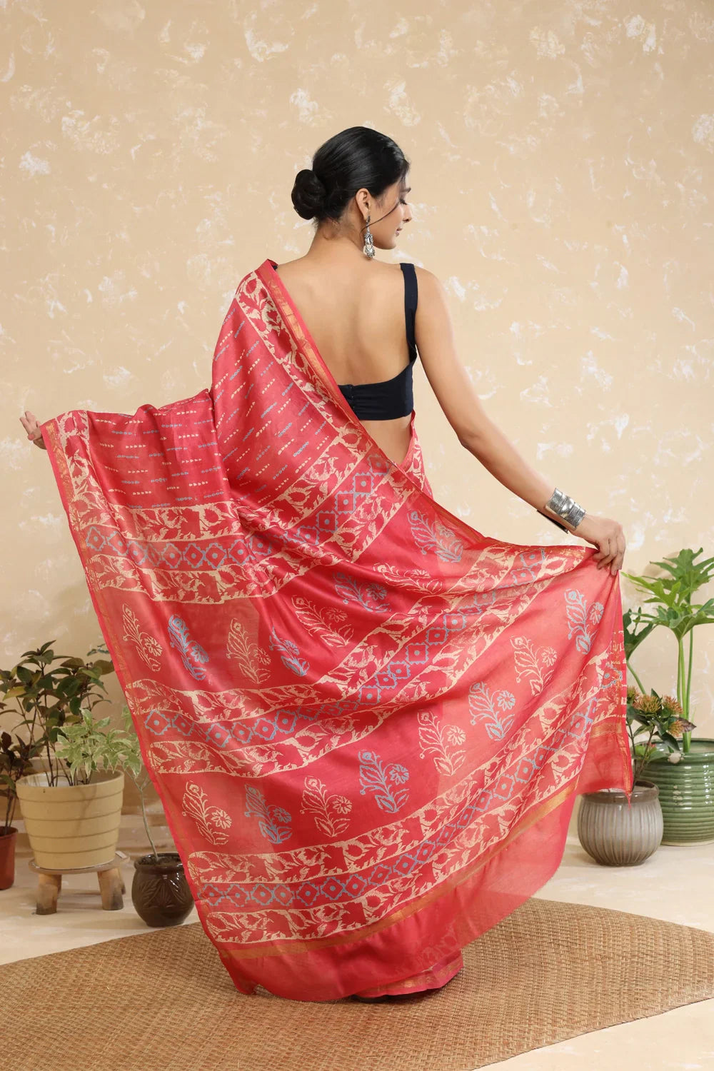Handloom Blush Pink Block Print Chanderi Cotton Saree