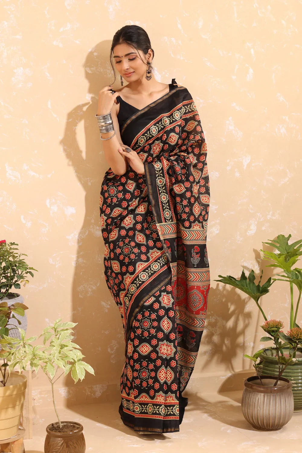 Handloom Black & Red Block Print Chanderi Cotton Saree