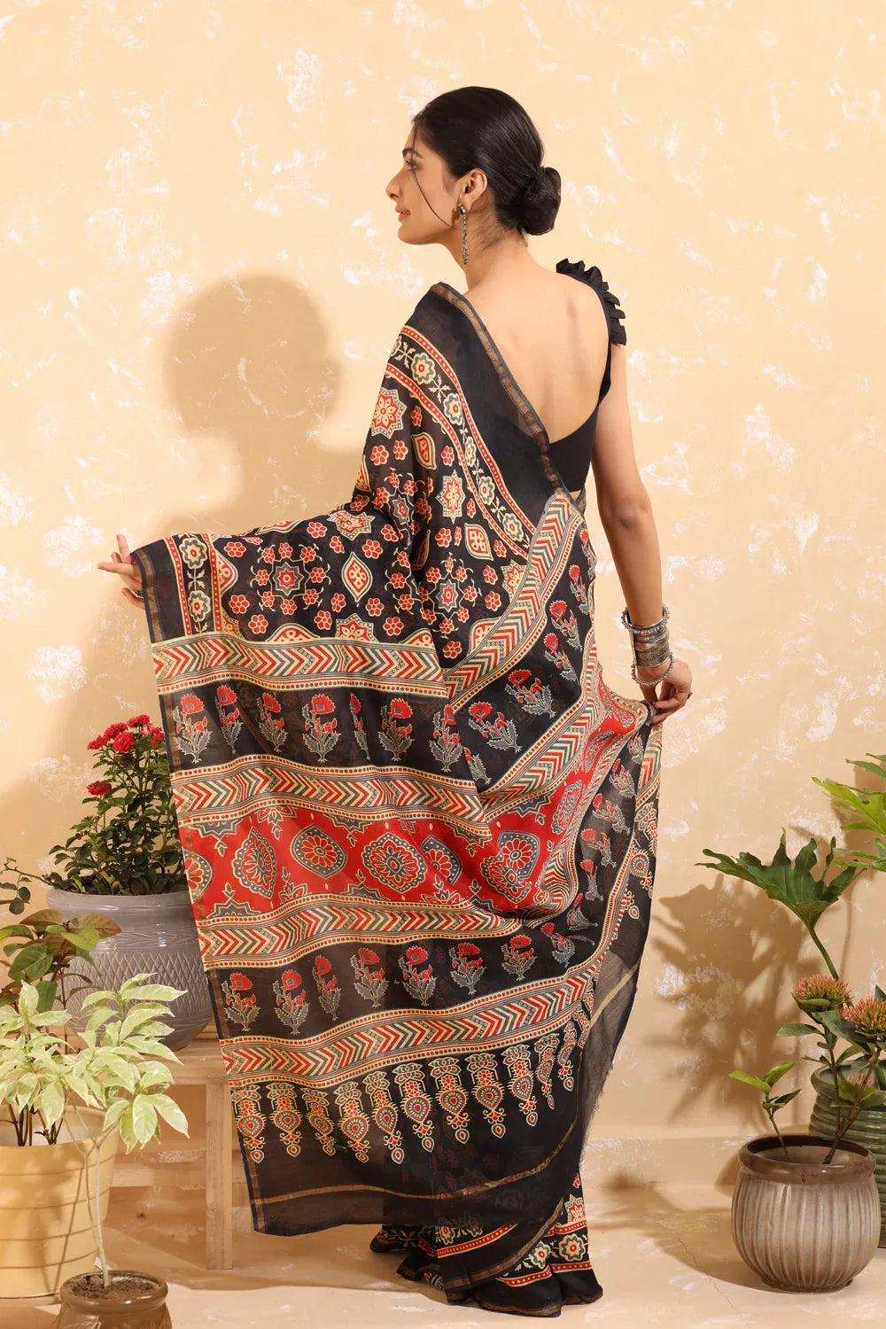 Handloom Black & Red Block Print Chanderi Cotton Saree