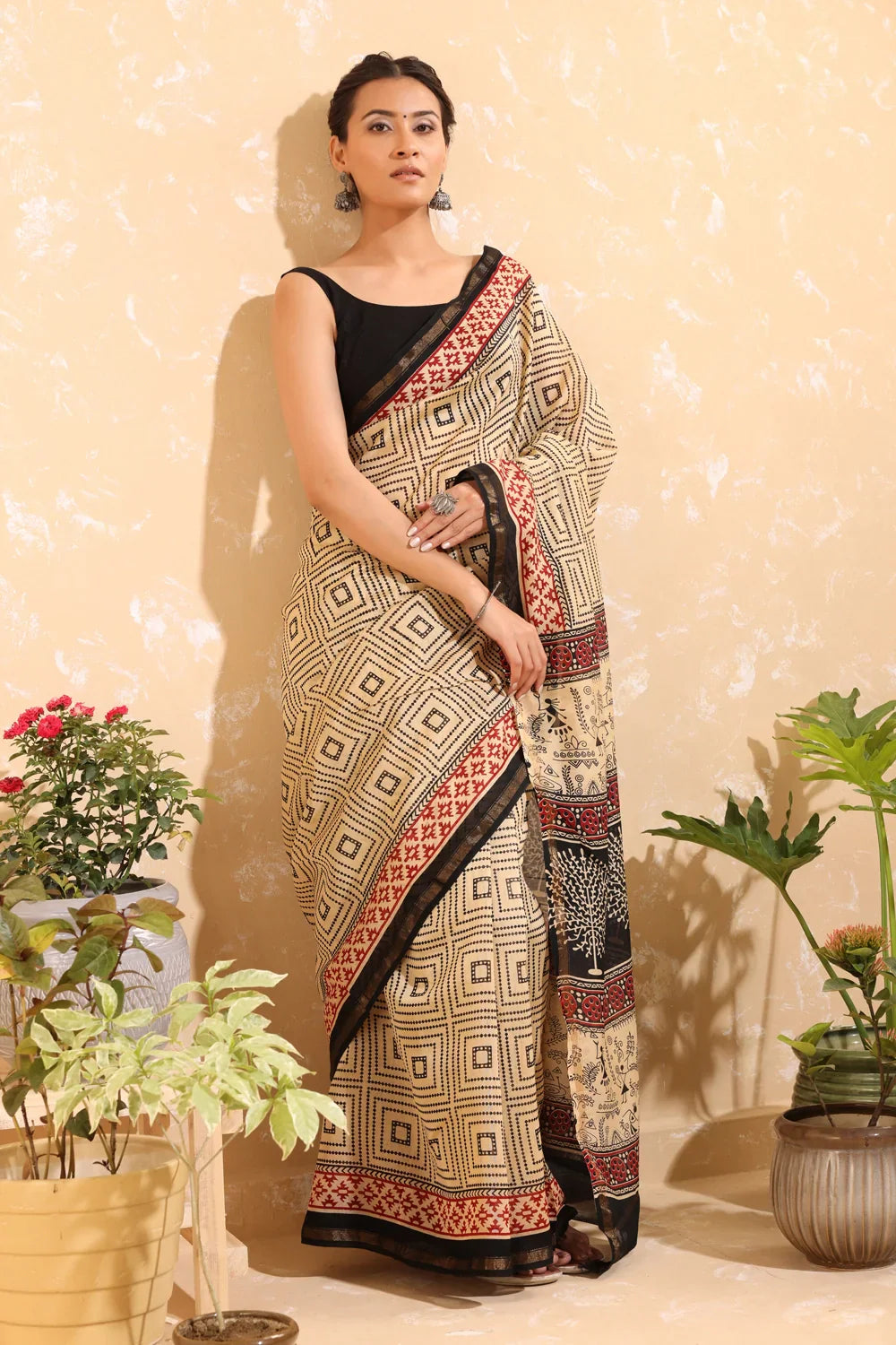 Handloom Tan Brown Block Print Chanderi Cotton Saree
