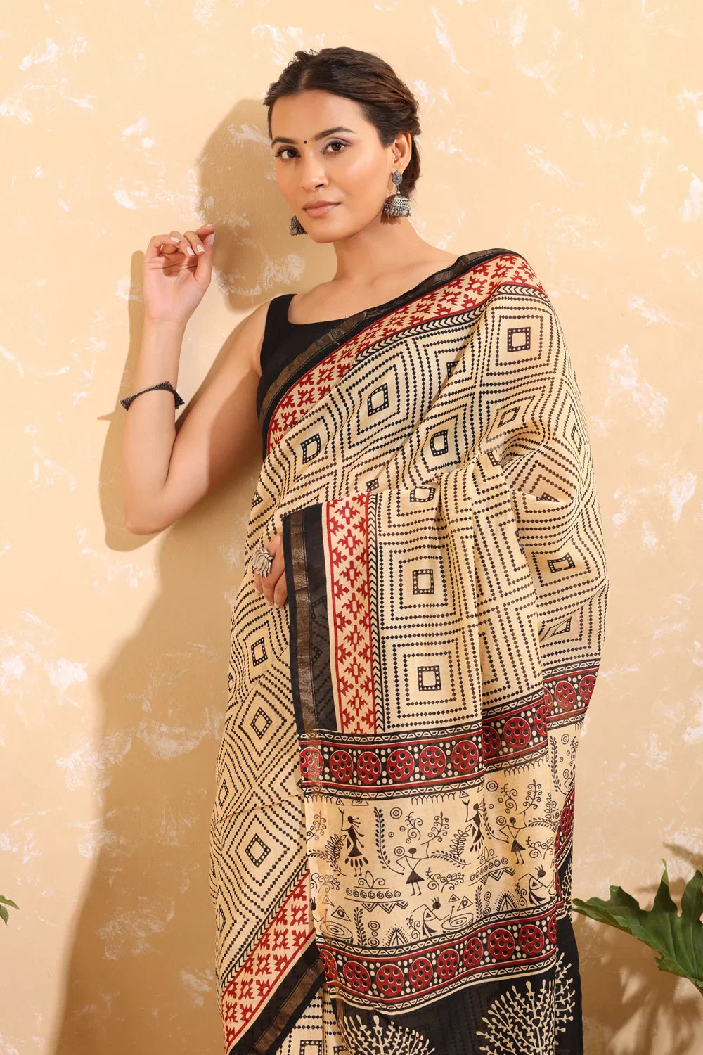 Handloom Tan Brown Block Print Chanderi Cotton Saree