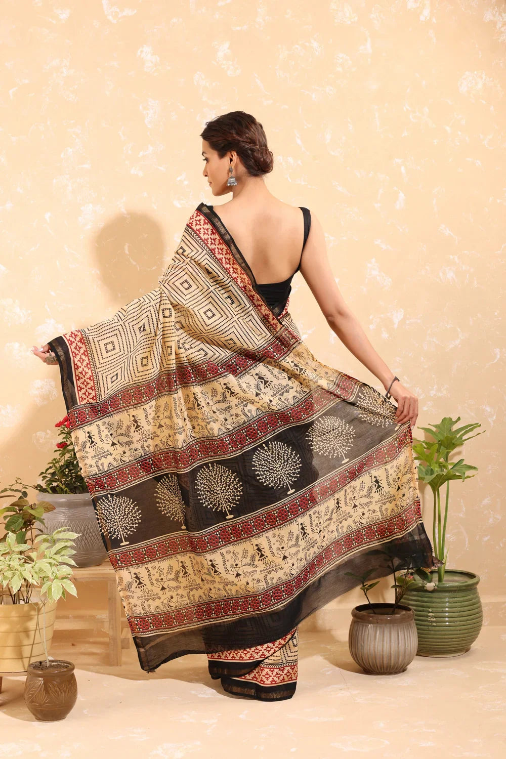 Handloom Tan Brown Block Print Chanderi Cotton Saree